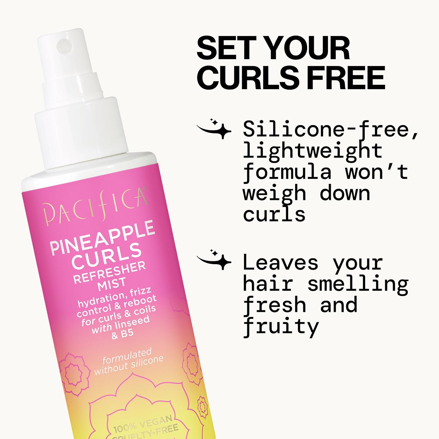Highlights the key benefits of the curl refresher mist being silicone-free, lightweight, and leaving hair smelling fresh and fruity.