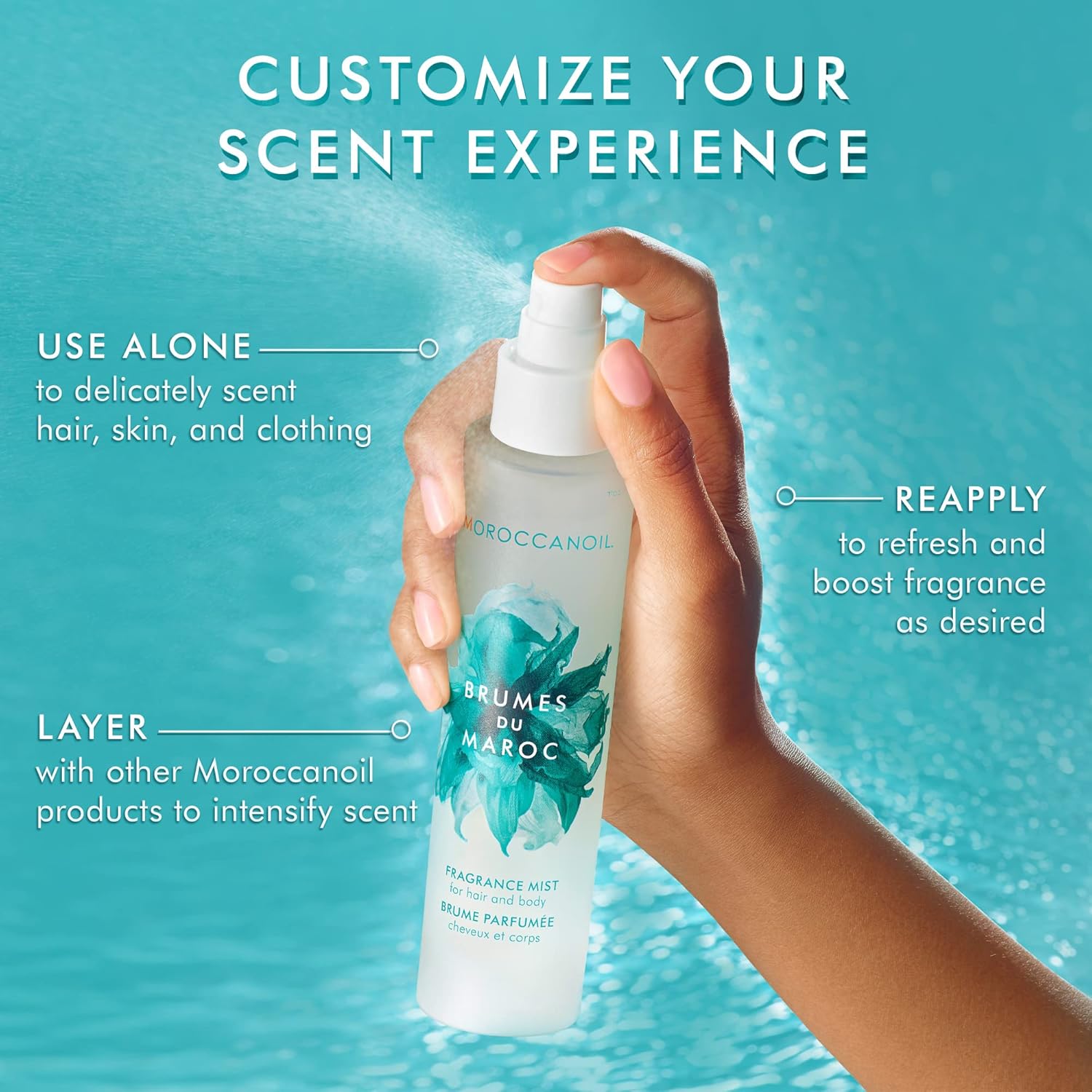 Explains the different ways to use the fragrance mist product - alone for light scenting, reapplying to boost fragrance, or layering with other products to intensify the scent.