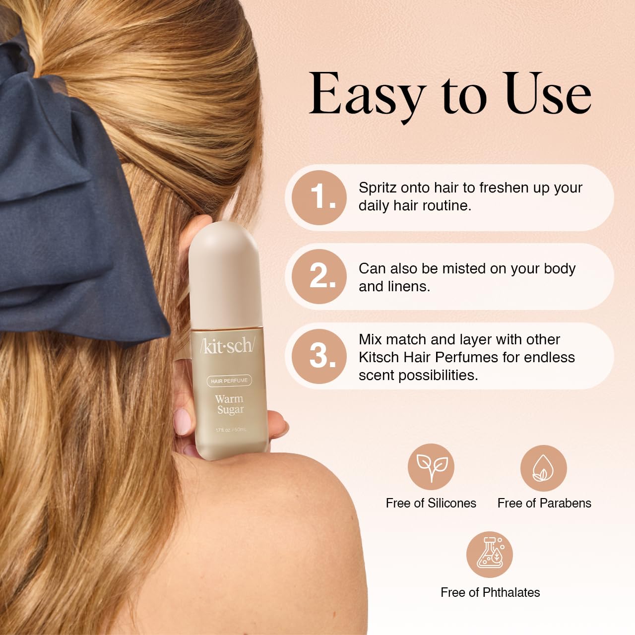 Explains how to use the hair perfume product, highlighting its easy application on hair and body, as well as the ability to layer with other scents for versatility.