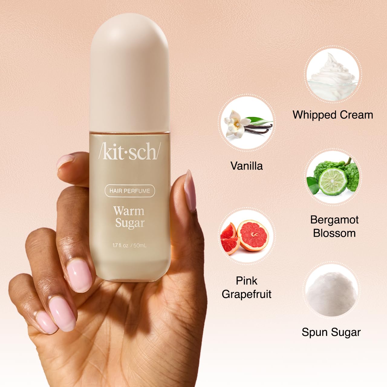 Highlights the warm sugar scent and fragrance notes of the hair perfume product.