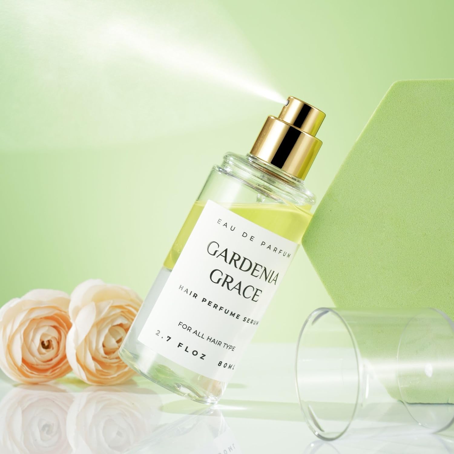Highlights the product's key feature as a hair perfume serum to provide a pleasant fragrance for all hair types.