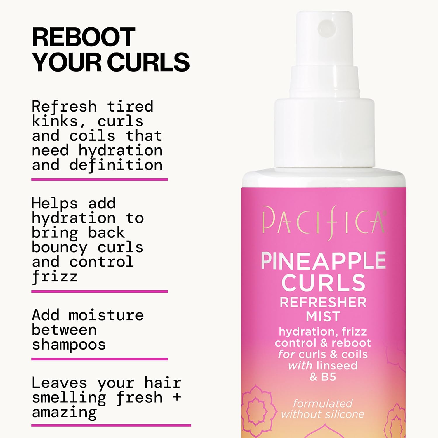 Highlights the product's ability to refresh and rehydrate tired curls while controlling frizz.