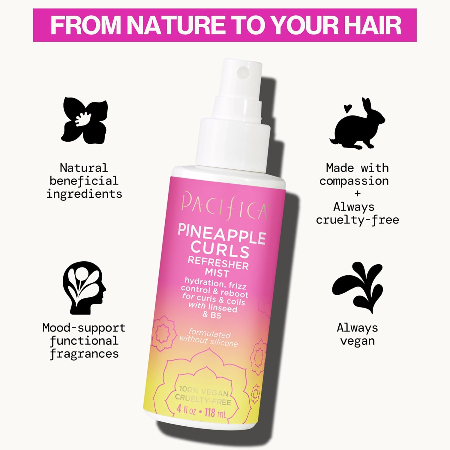 Highlights multiple features and benefits of the hair product, including its natural, cruelty-free, and vegan formulation, as well as its ability to hydrate, control frizz, and define curls while…