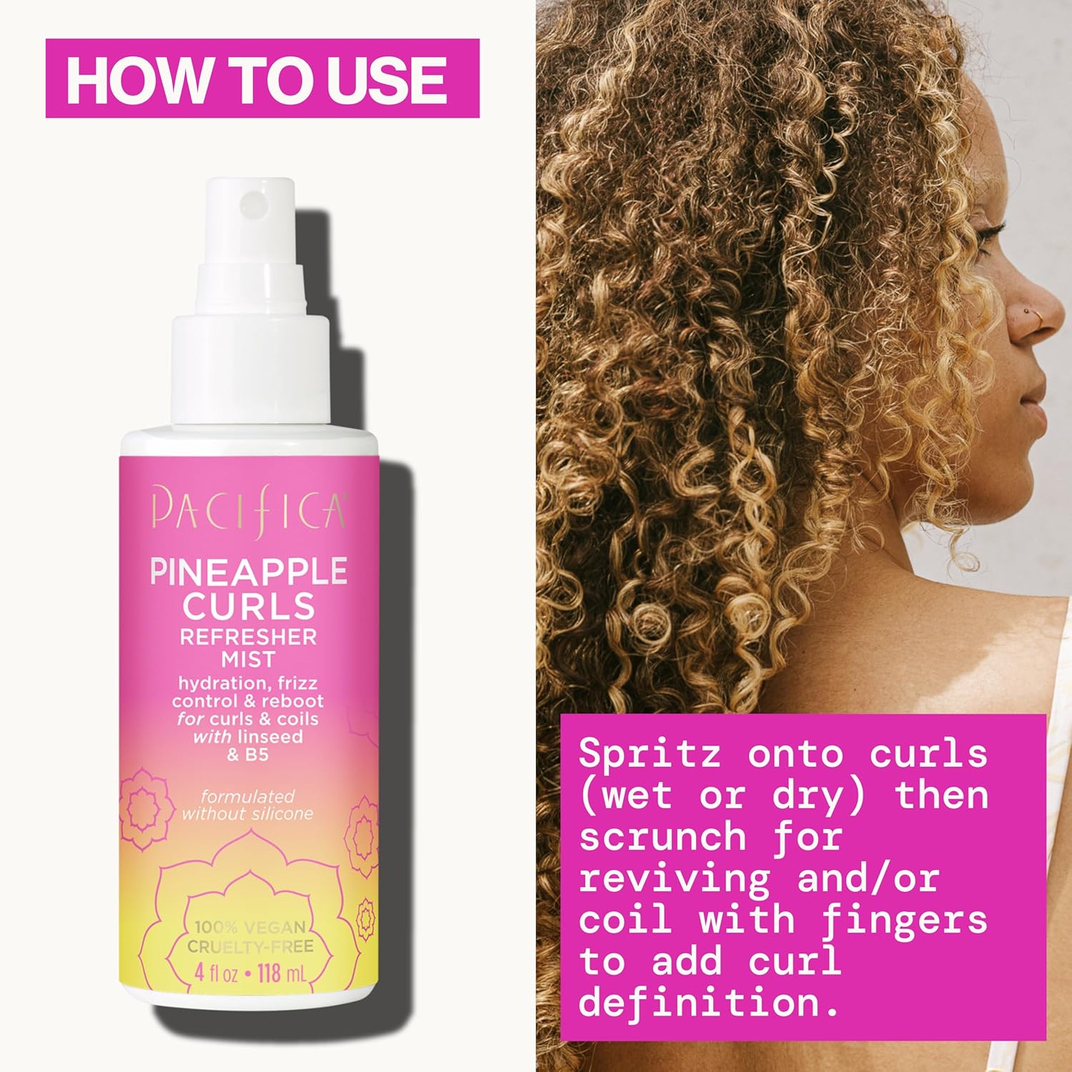 Explains how to use the Pineapple Curls Refresher Mist product to revive and define curls and coils.