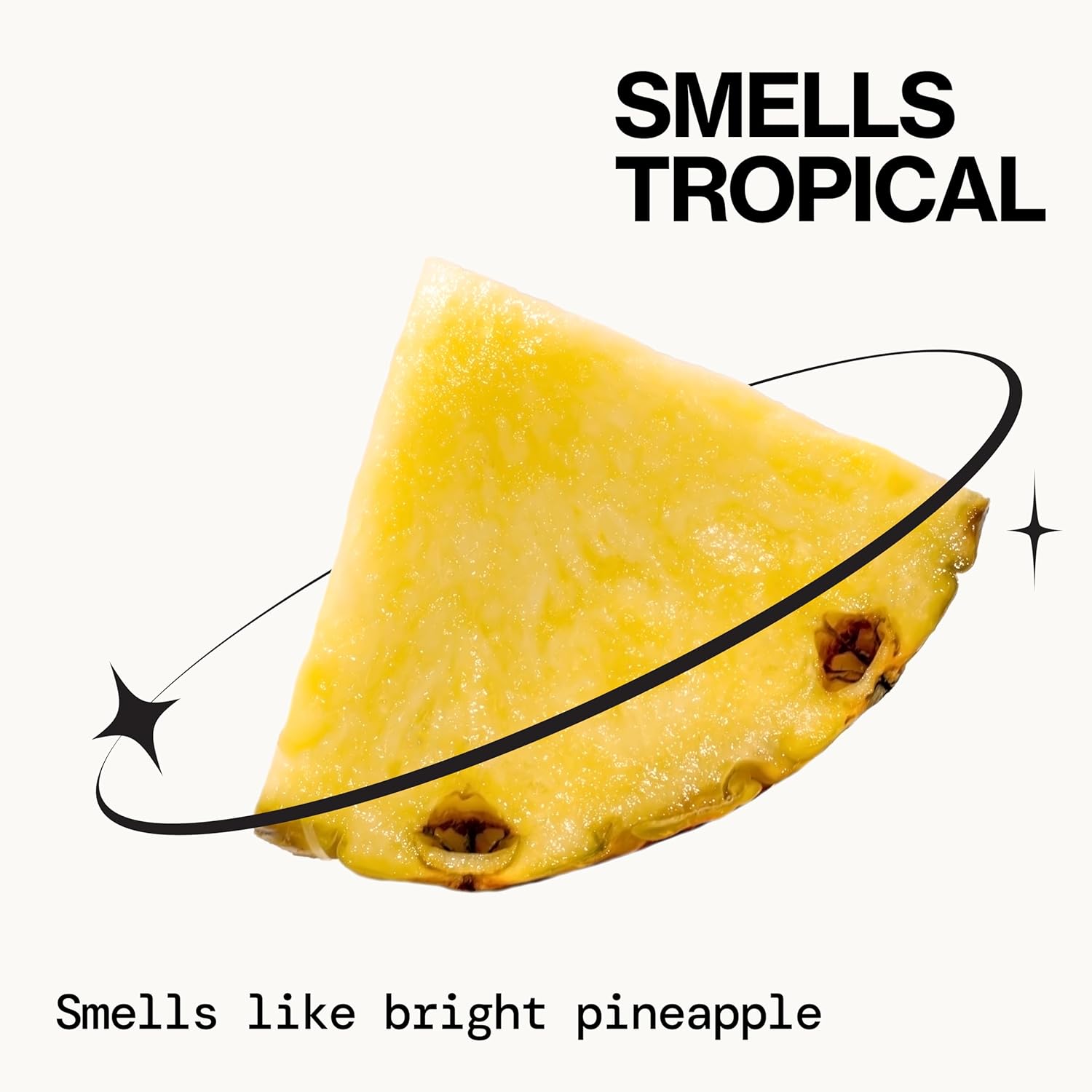 Highlights the product's tropical pineapple scent as a key feature or benefit.
