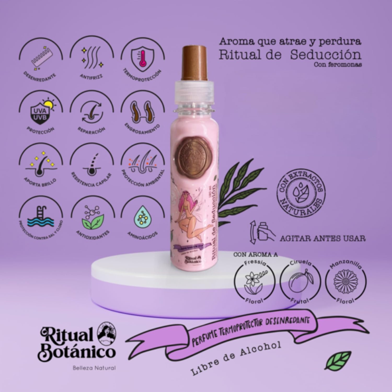 Showcases the various features and benefits of the product, highlighting its multi-functionality and natural ingredients.
