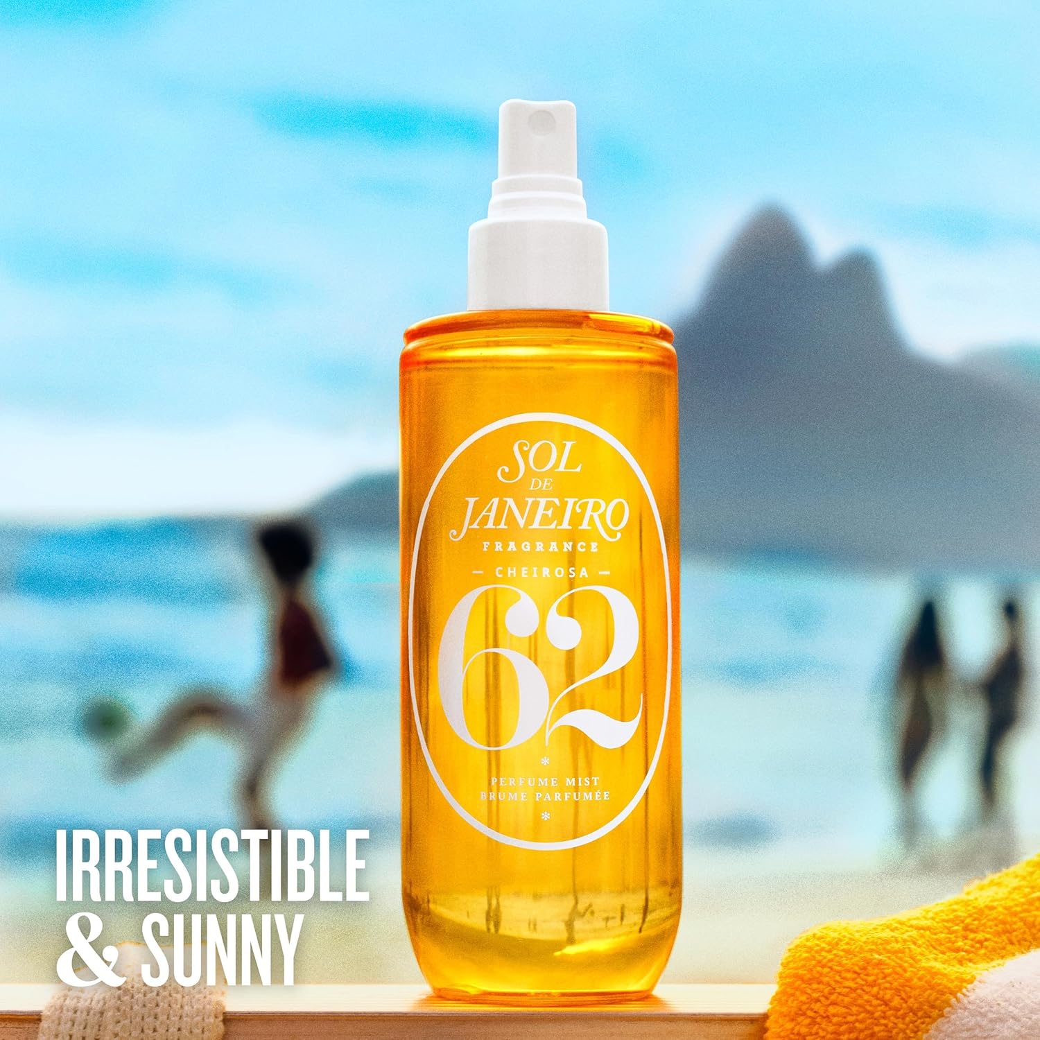 Emphasizes the brand identity and fragrance product line through prominent branding and a lifestyle beach scene.