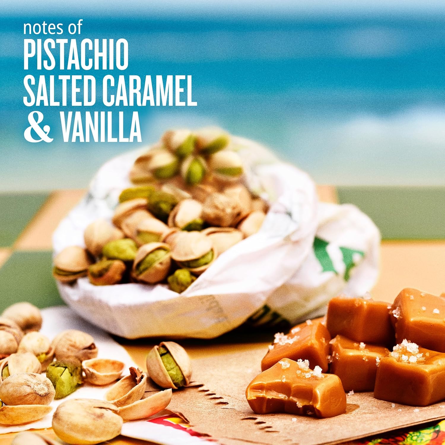 Highlights the unique flavor combination of pistachio, salted caramel, and vanilla to entice shoppers with an appealing taste profile.
