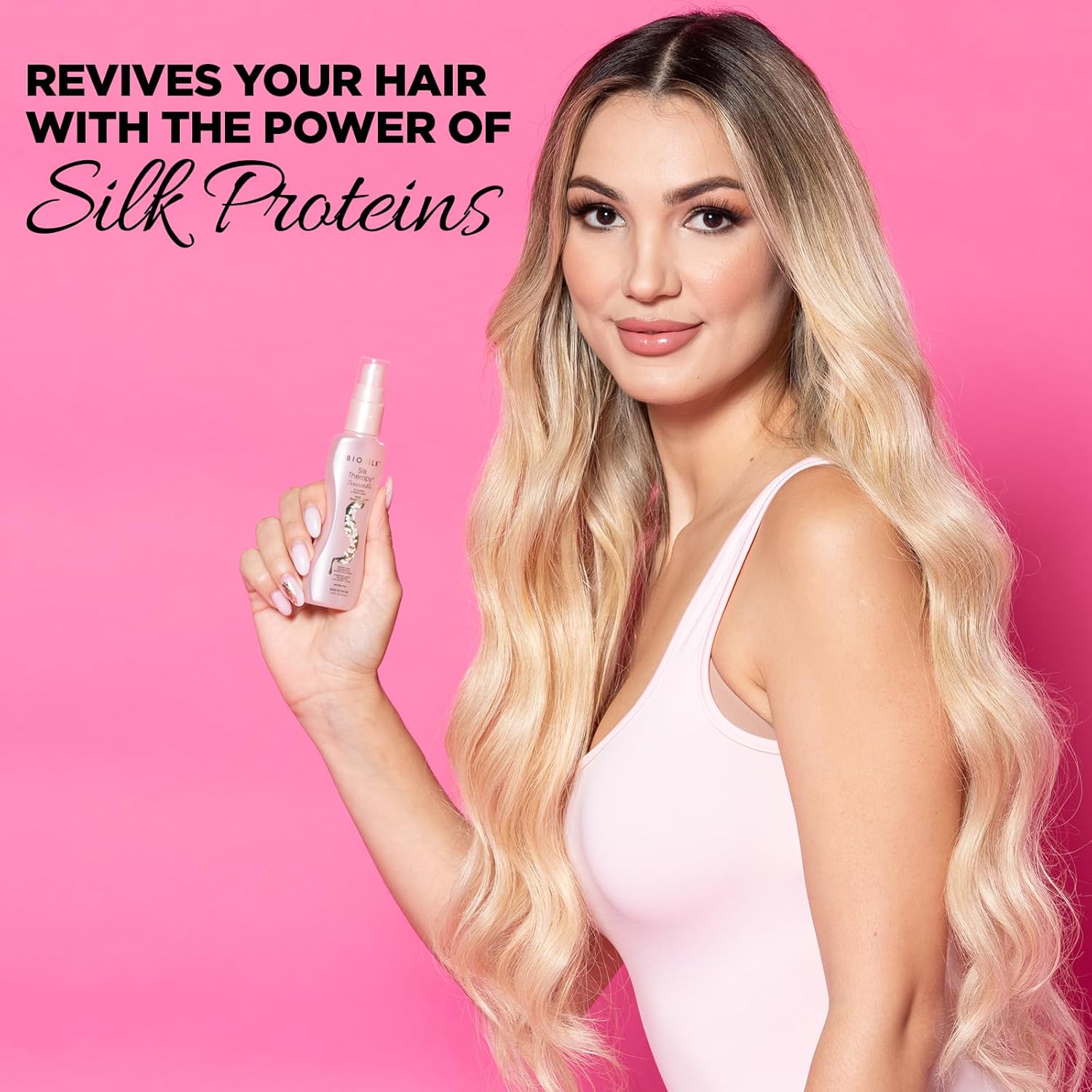 Highlights the key benefit of the hair product containing silk proteins to revive and nourish hair.