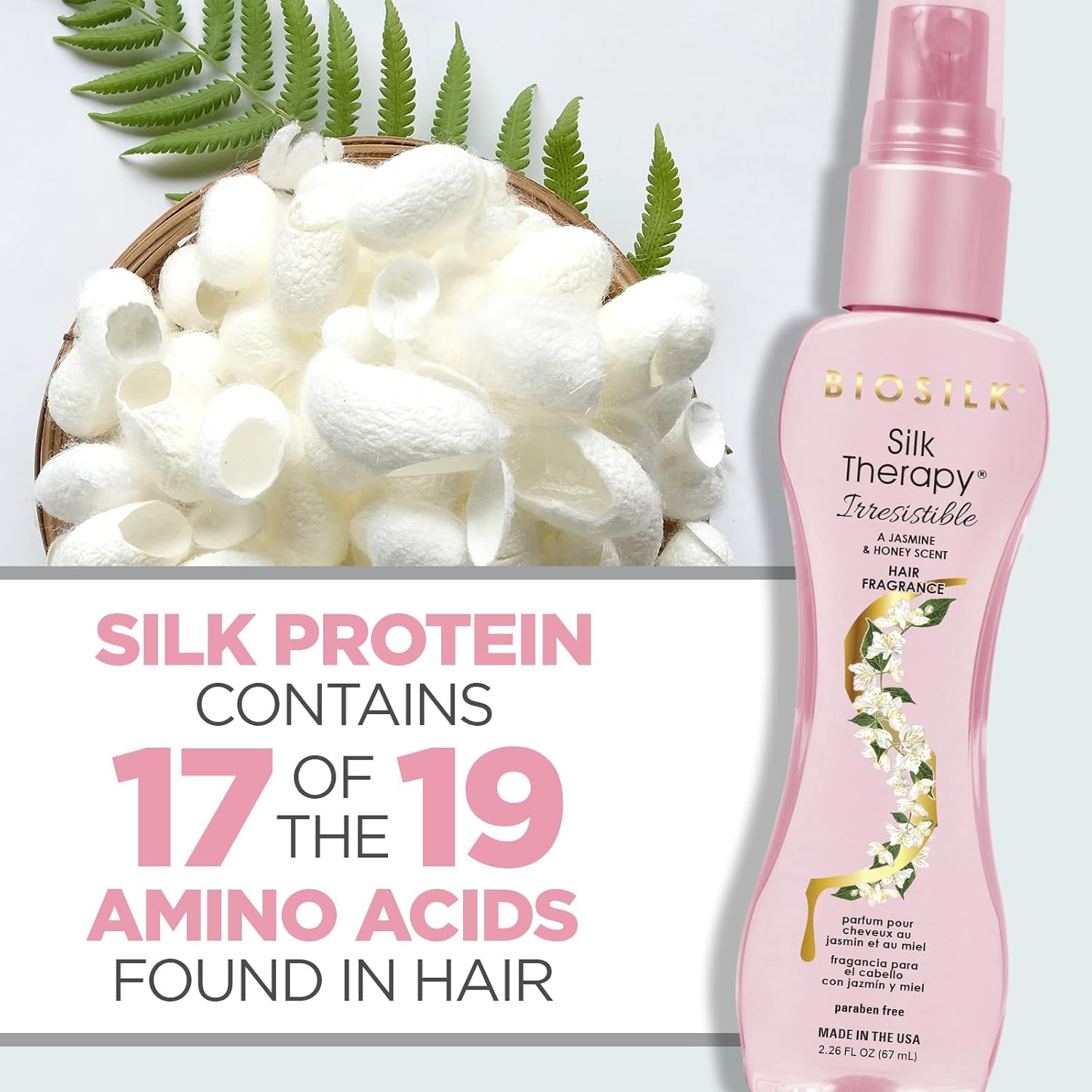 Highlights that the product contains silk protein with 17 of the 19 amino acids found in hair, promoting it as an effective hair treatment.