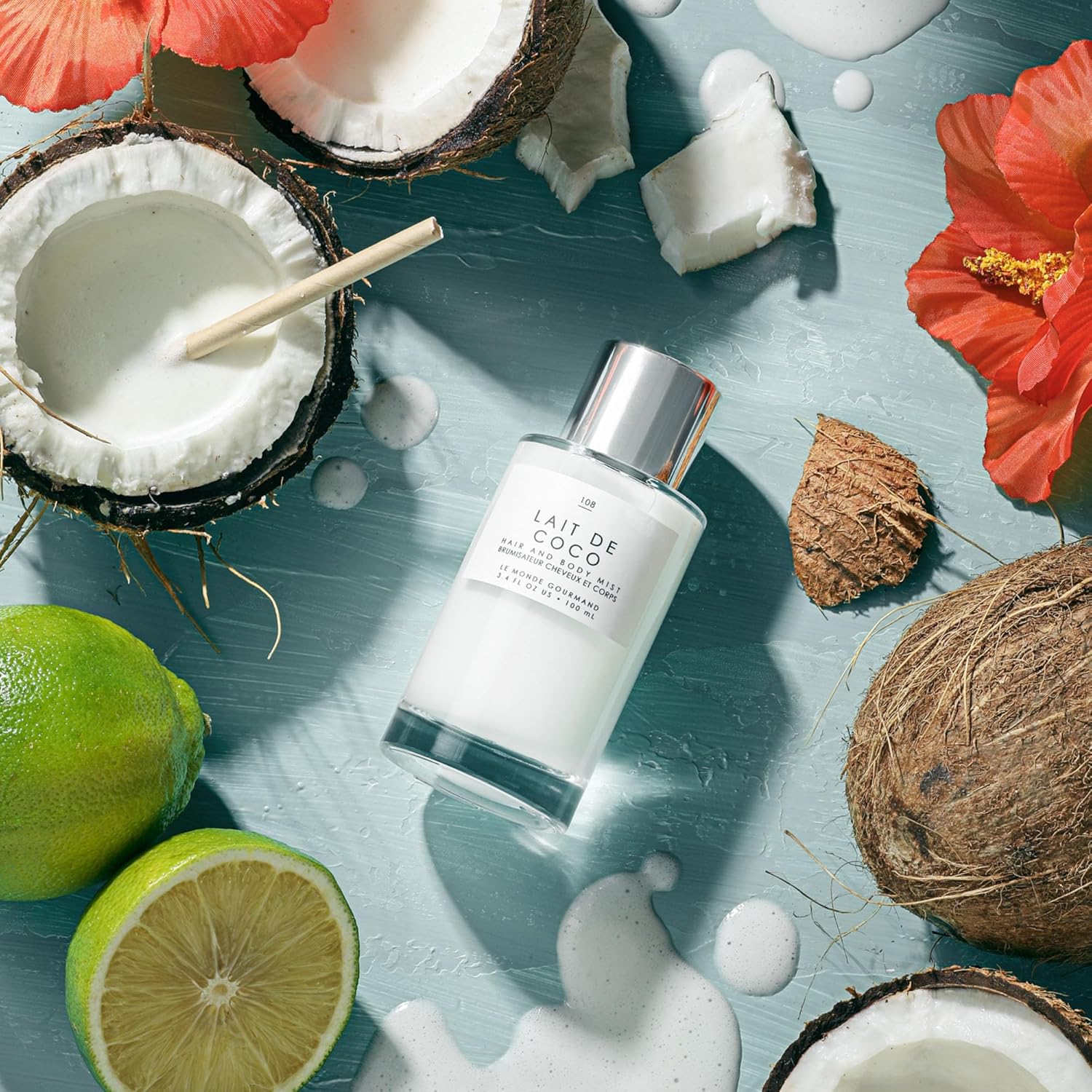 Emphasizes the brand identity and positioning of the product as a natural, tropical-inspired fragrance using coconut and citrus imagery.