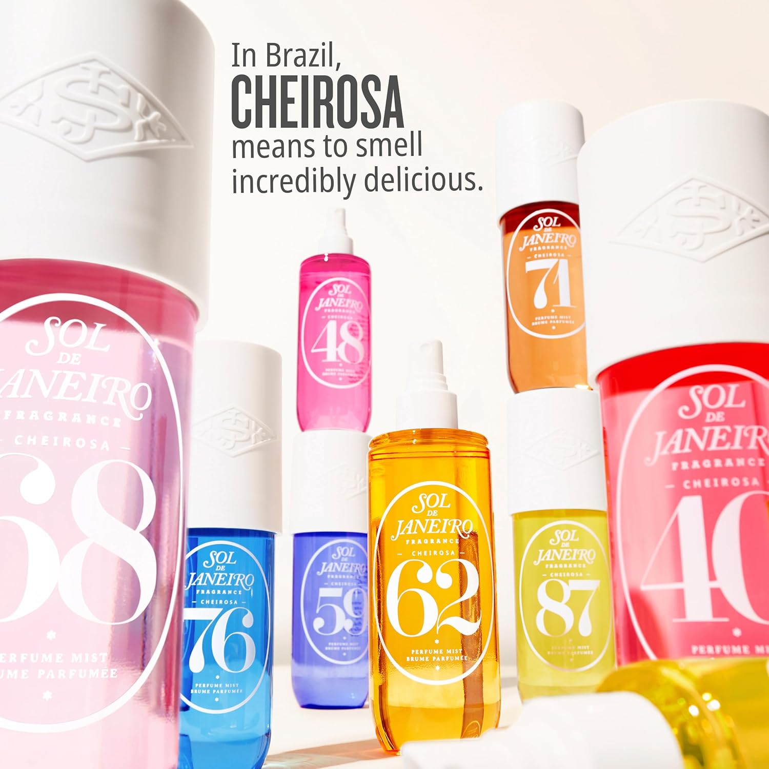Showcases the different fragrance options available in the product line, while highlighting the brand's Brazilian origins and meaning of 'cheirosa' (smelling incredibly delicious).