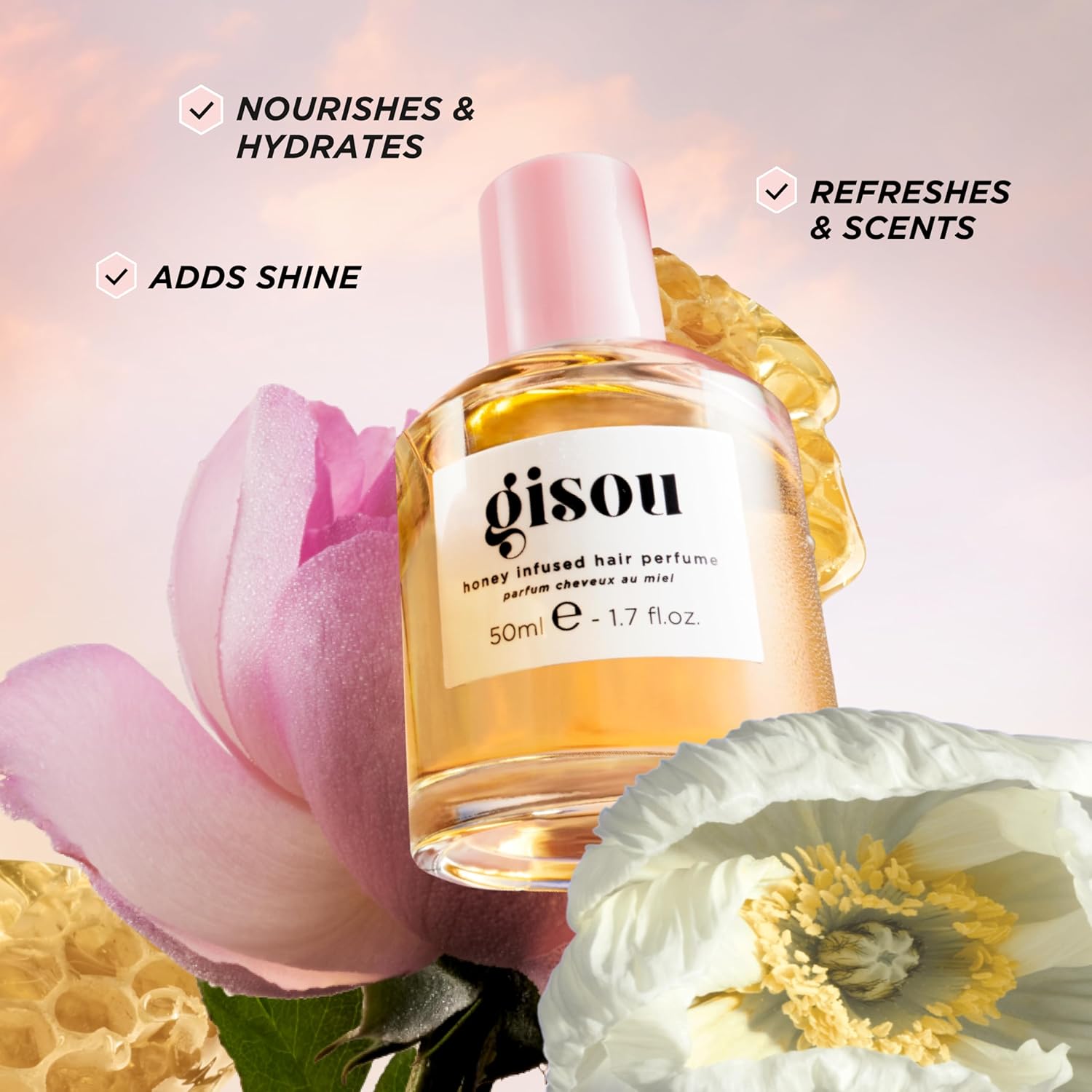 Highlights multiple benefits of the honey-infused hair perfume, including nourishing, hydrating, refreshing with a pleasant scent, and adding shine to hair.