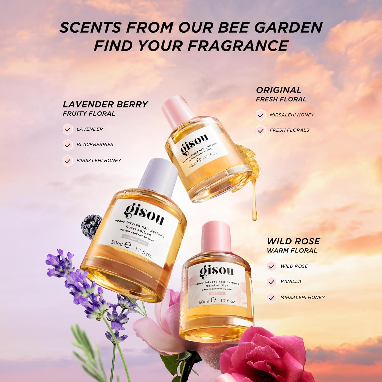 Showcases the different fragrance options and key ingredients in the hair perfume line to help customers find their preferred scent.
