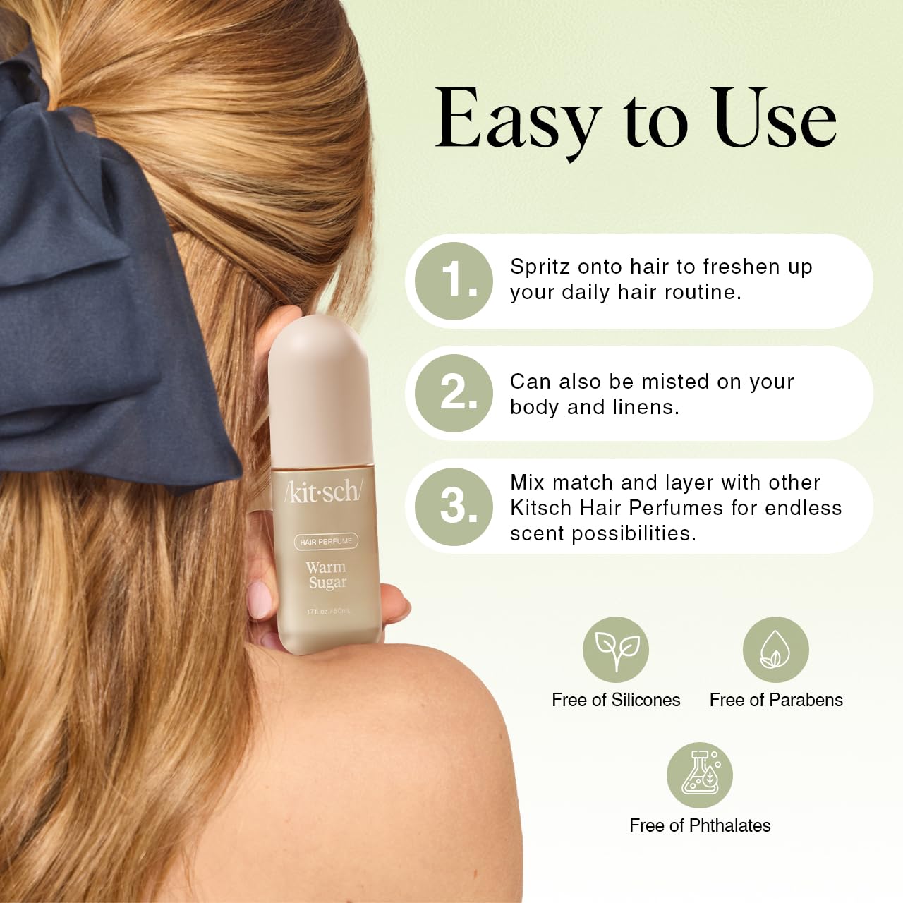 Explains how to use the hair perfume product, highlighting its versatility for hair, body, and layering with other scents.