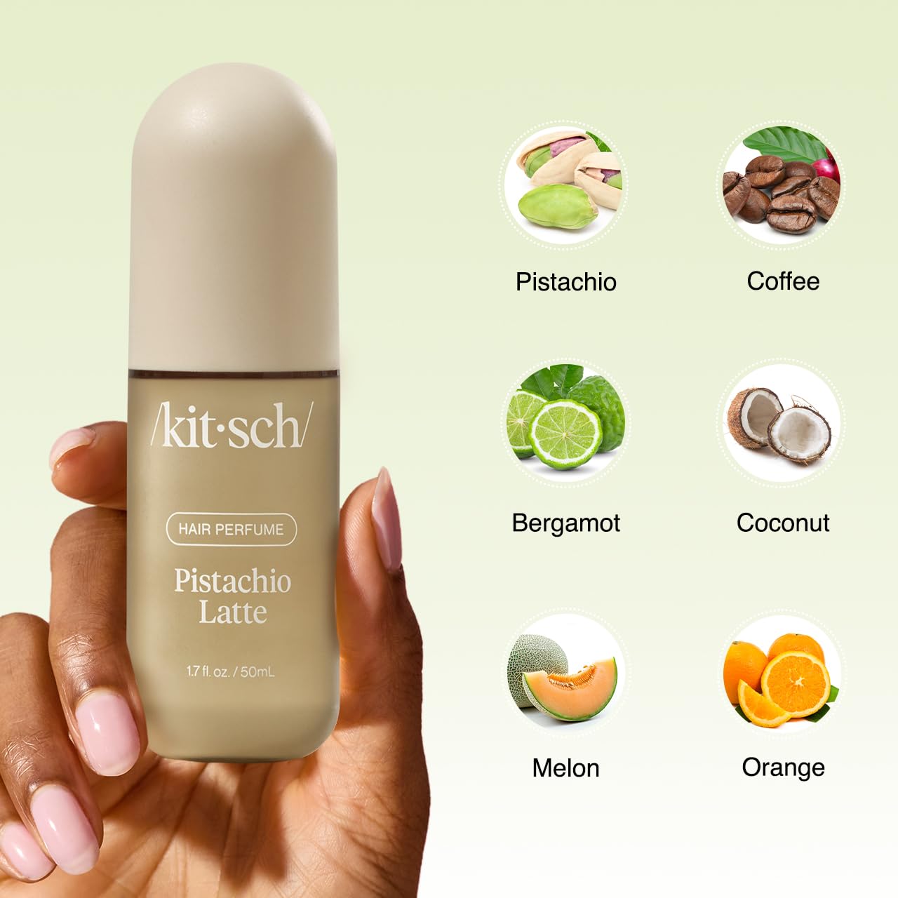 Showcases the different natural scents and ingredients in the hair perfume product.