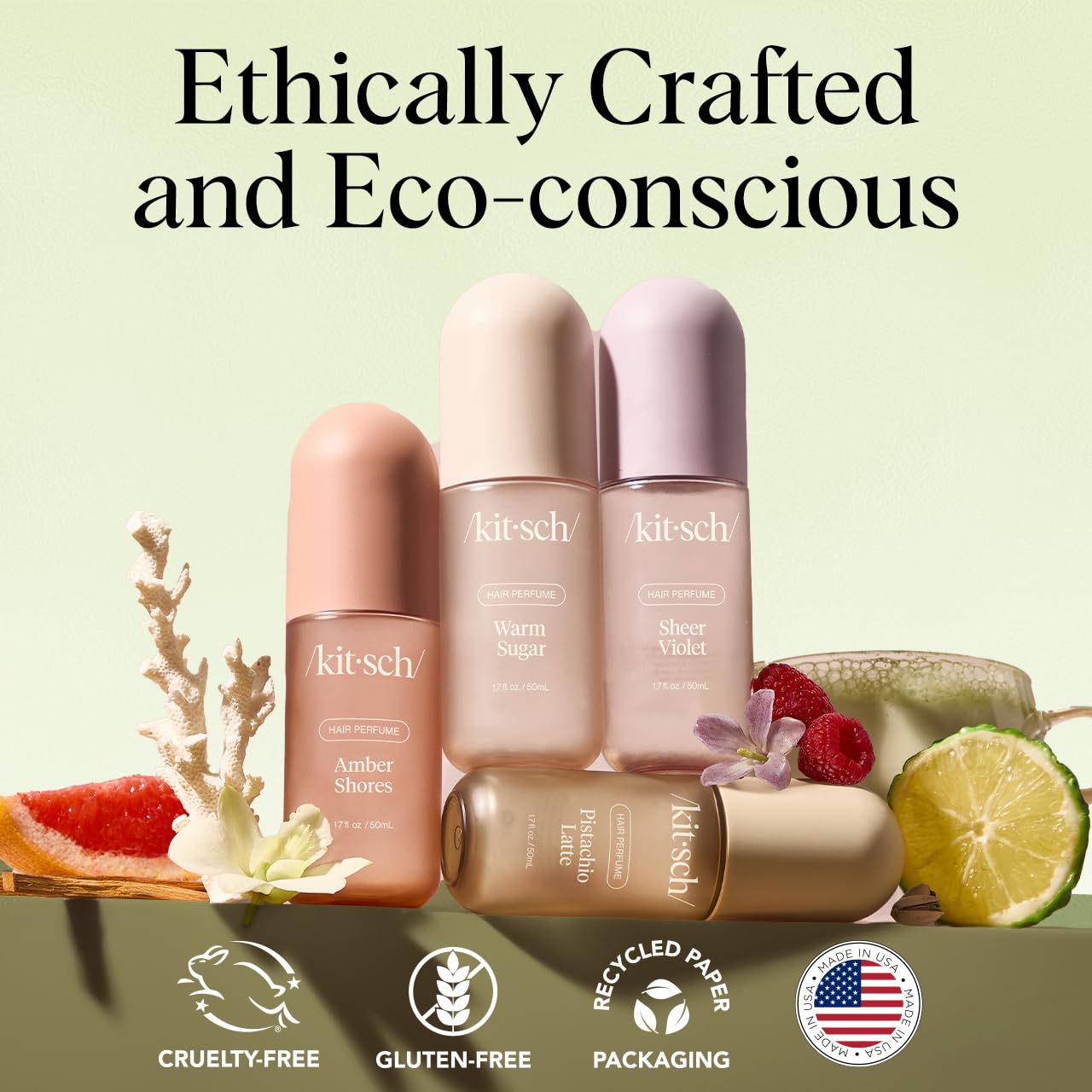 Highlights the brand's ethical and eco-friendly values, emphasizing that the products are cruelty-free, gluten-free, and use recycled packaging.
