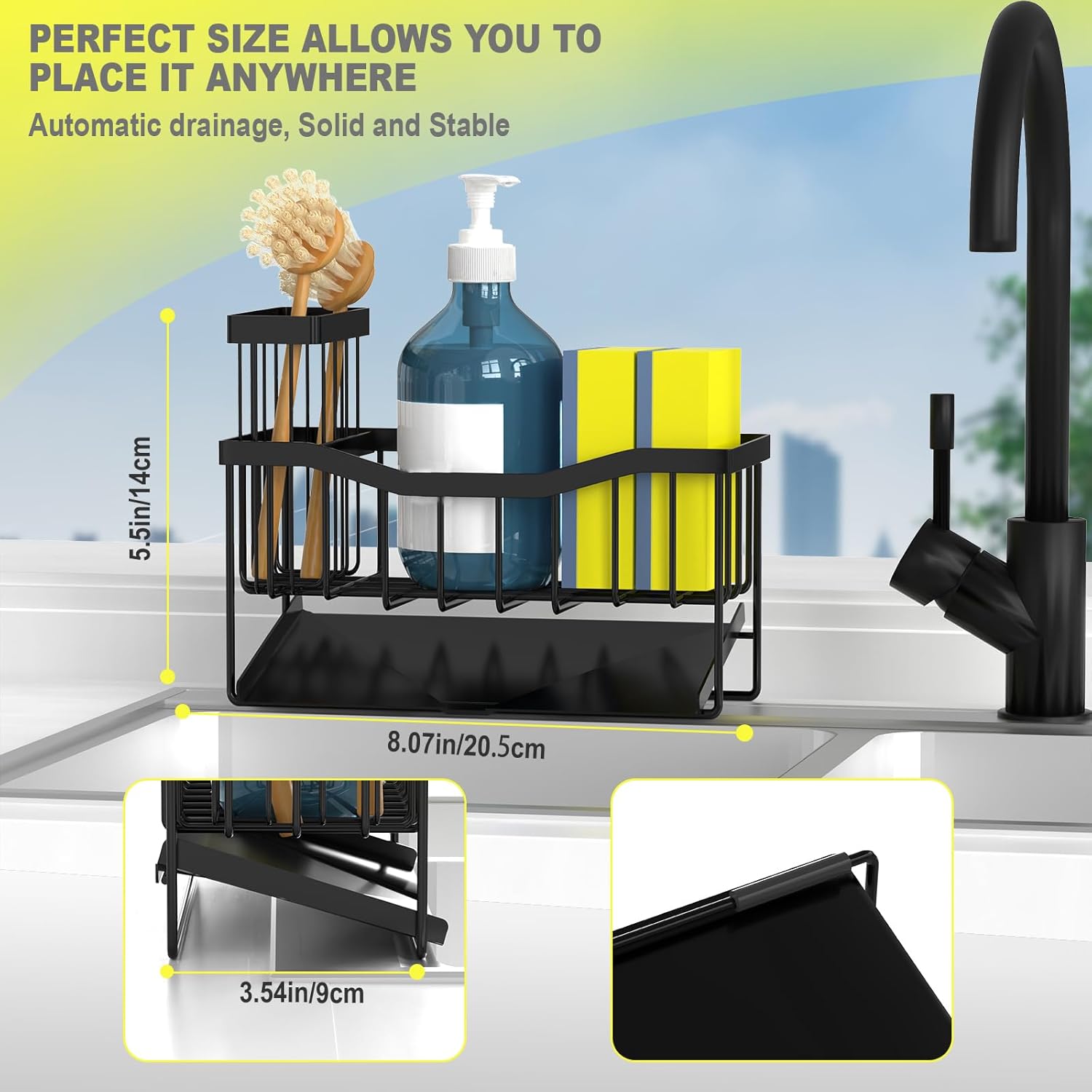 Highlights the product's compact size and dimensions to show that it can be conveniently placed anywhere.
