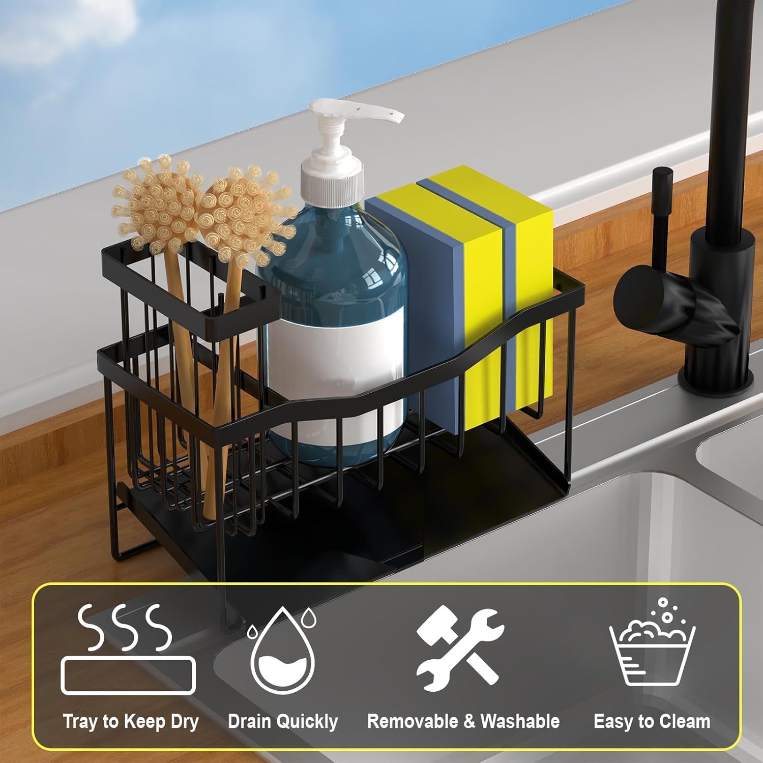 Highlights multiple features of the sink caddy that make it convenient and easy to use for organizing cleaning supplies.