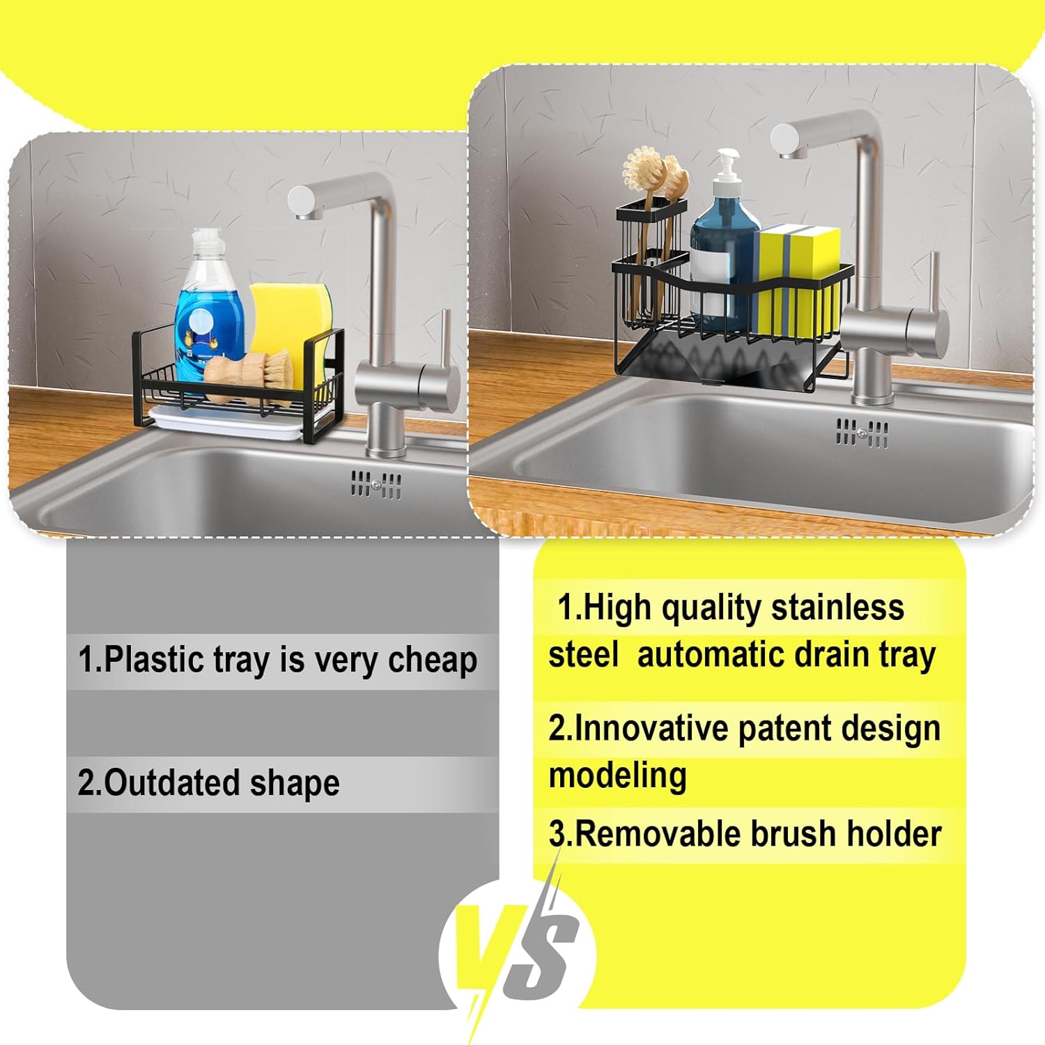Highlights the superiority of the stainless steel drain tray over a cheap plastic tray by comparing features like quality, innovative design, and removable brush holder.