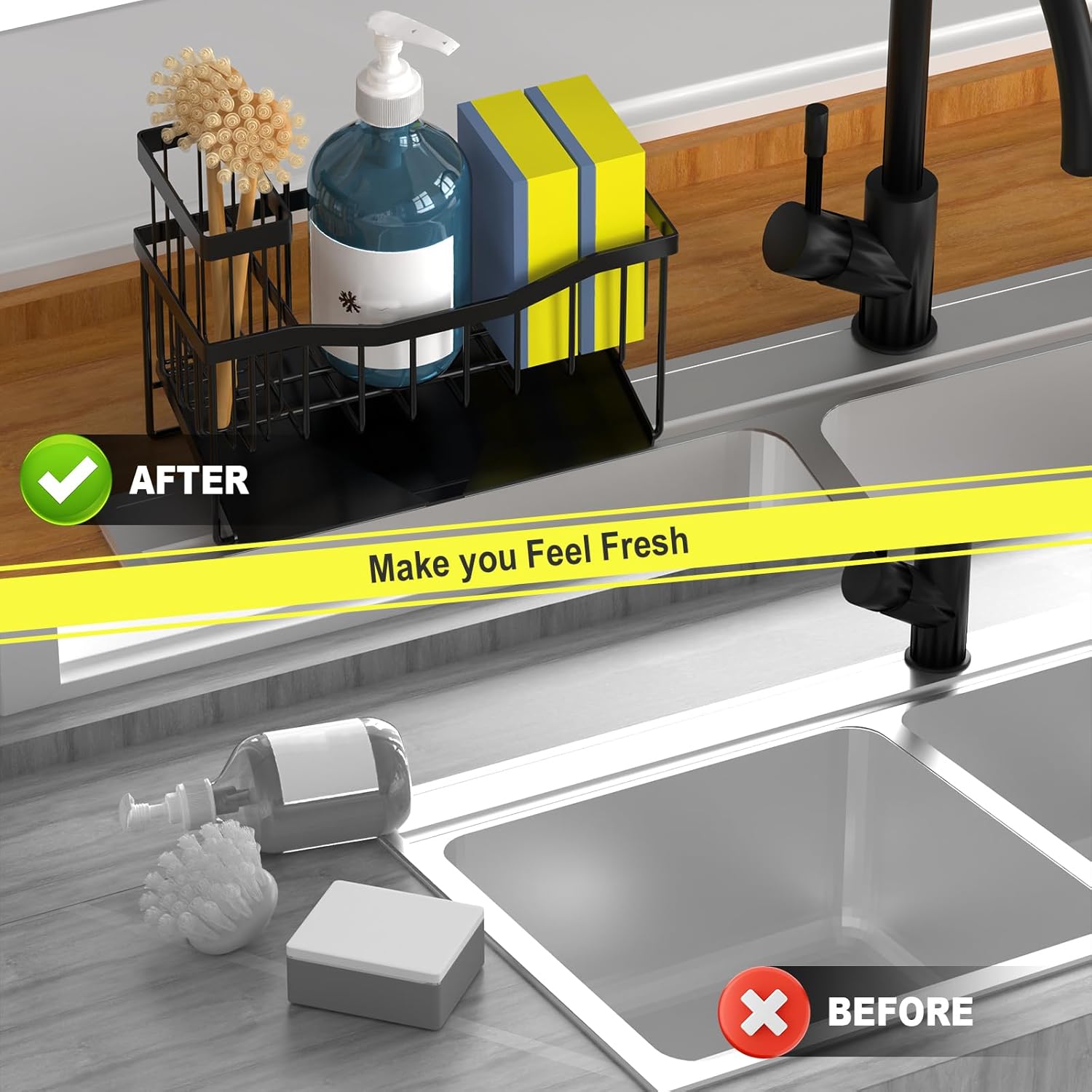 Demonstrates how the product helps organize and declutter a bathroom sink area.