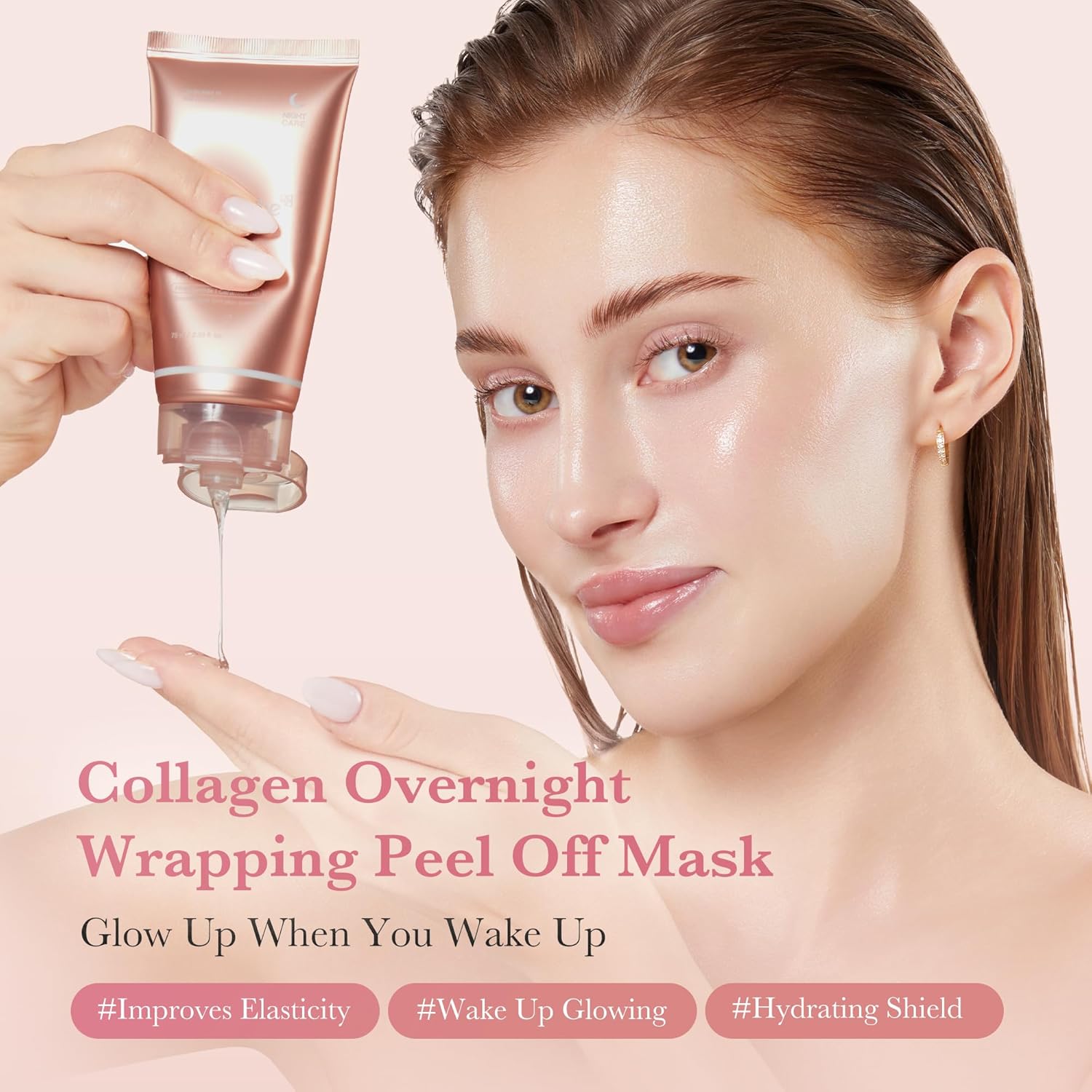 Highlights the key benefit of waking up with glowing, hydrated skin after using this overnight collagen peel off mask.