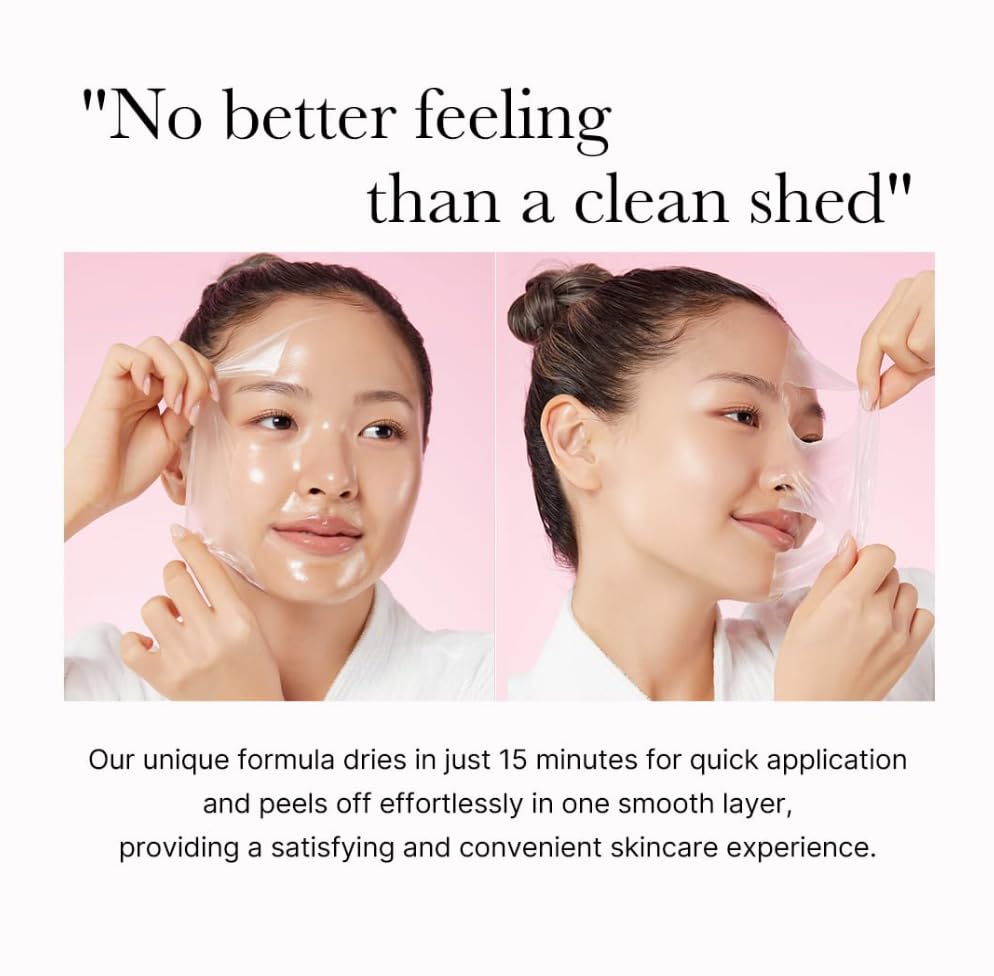 Highlights the product's quick drying time and easy peel-off application for a convenient skincare experience.