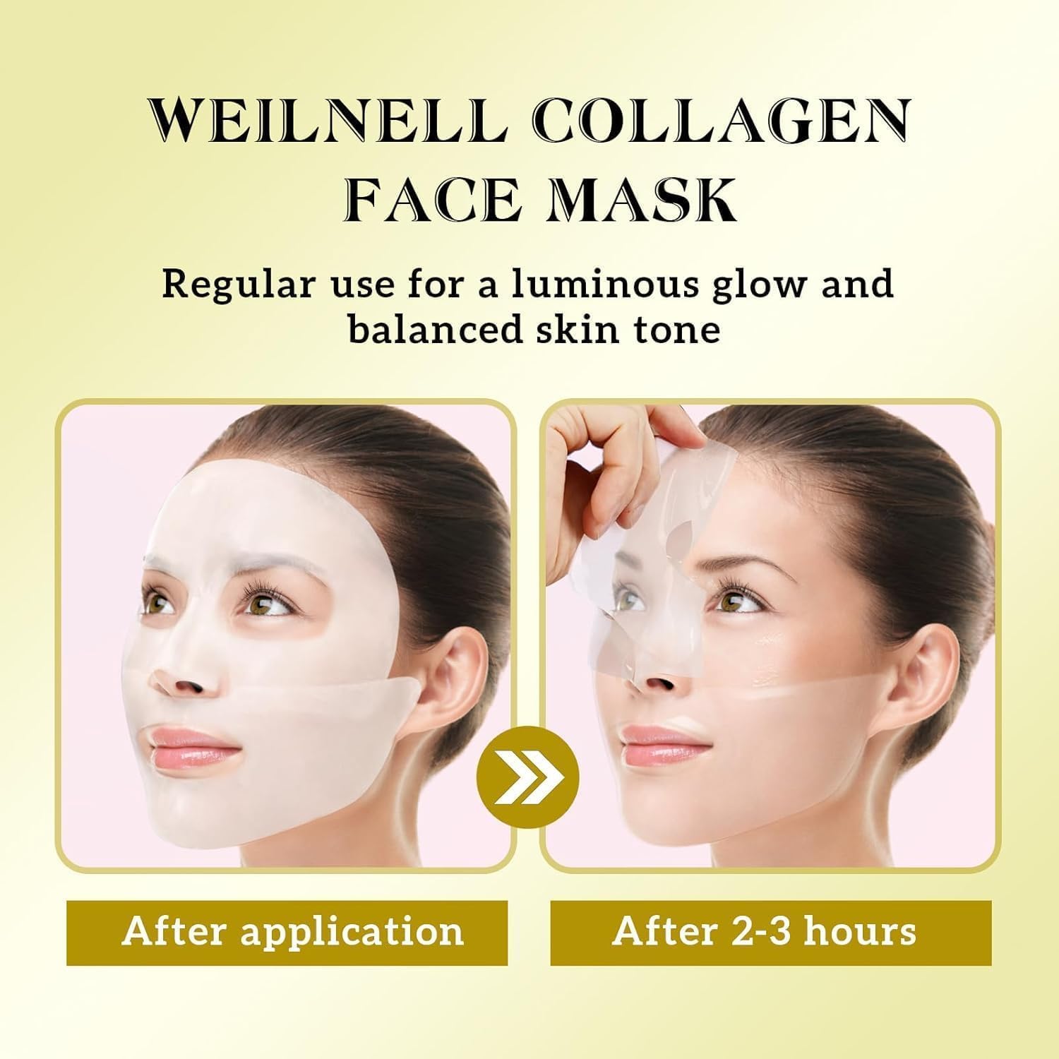 Demonstrates the visible results of using the collagen face mask by showing the skin's transformation from dull to glowing and even-toned.