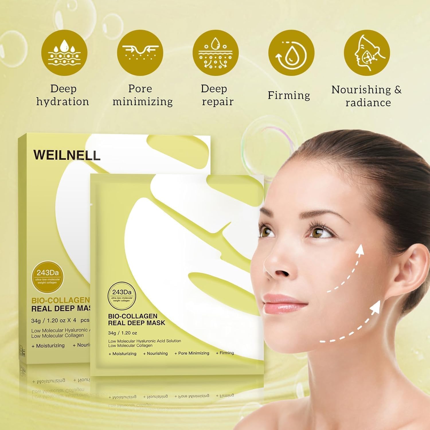 Showcases the multiple skincare benefits of the product, including hydration, pore minimizing, repair, firming, and nourishing radiance.
