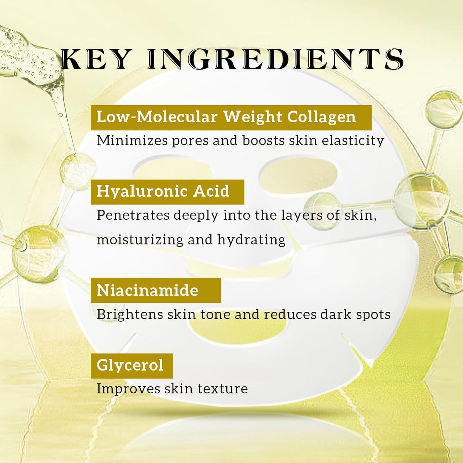 Highlights the key ingredients and their respective benefits for improving skin elasticity, hydration, brightening, and texture.