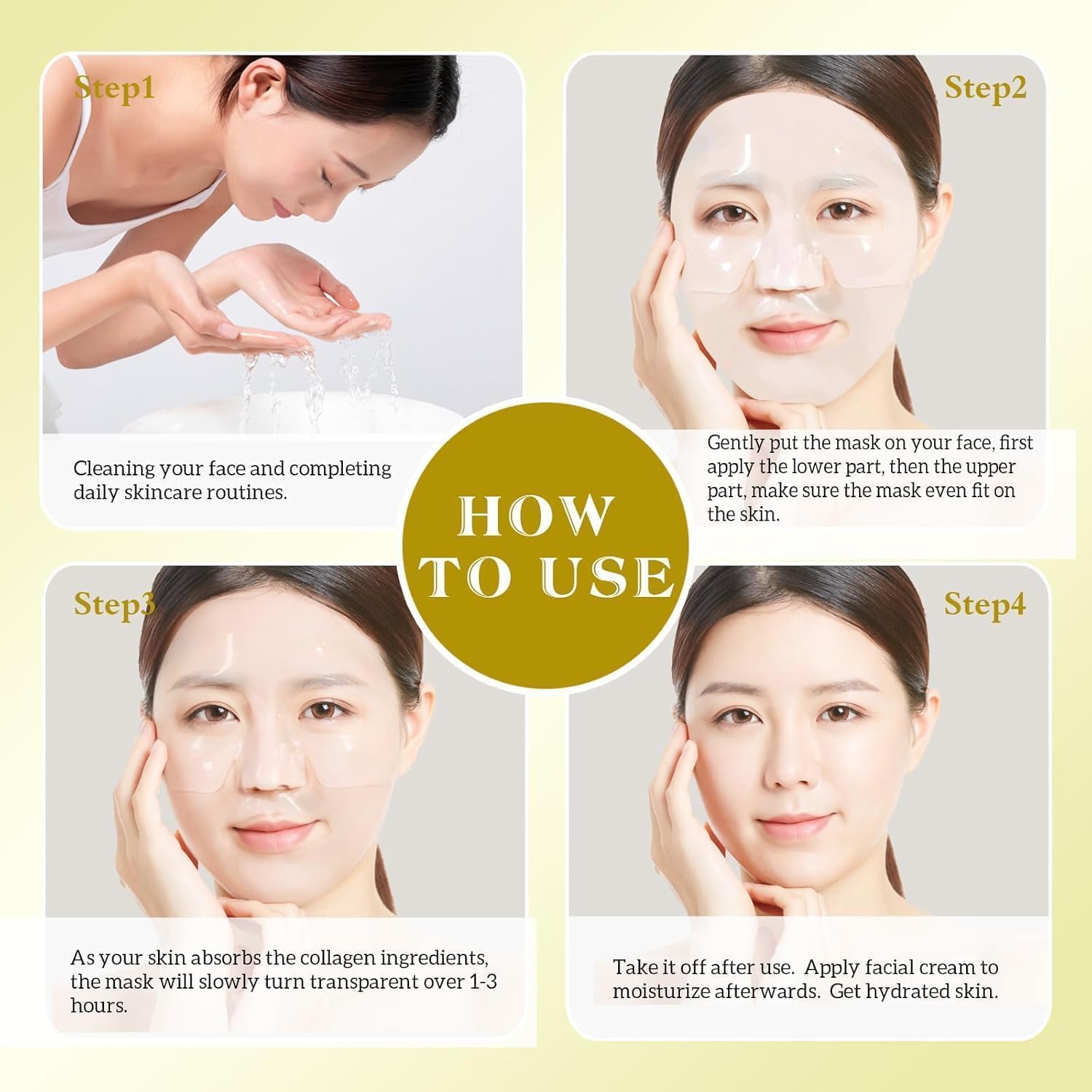 Explains the step-by-step process for properly applying and using the facial mask product.