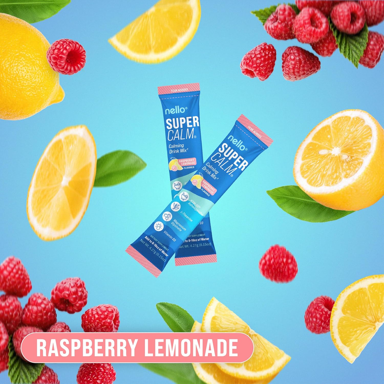 Highlights the refreshing raspberry lemonade flavor of the drink mix product.
