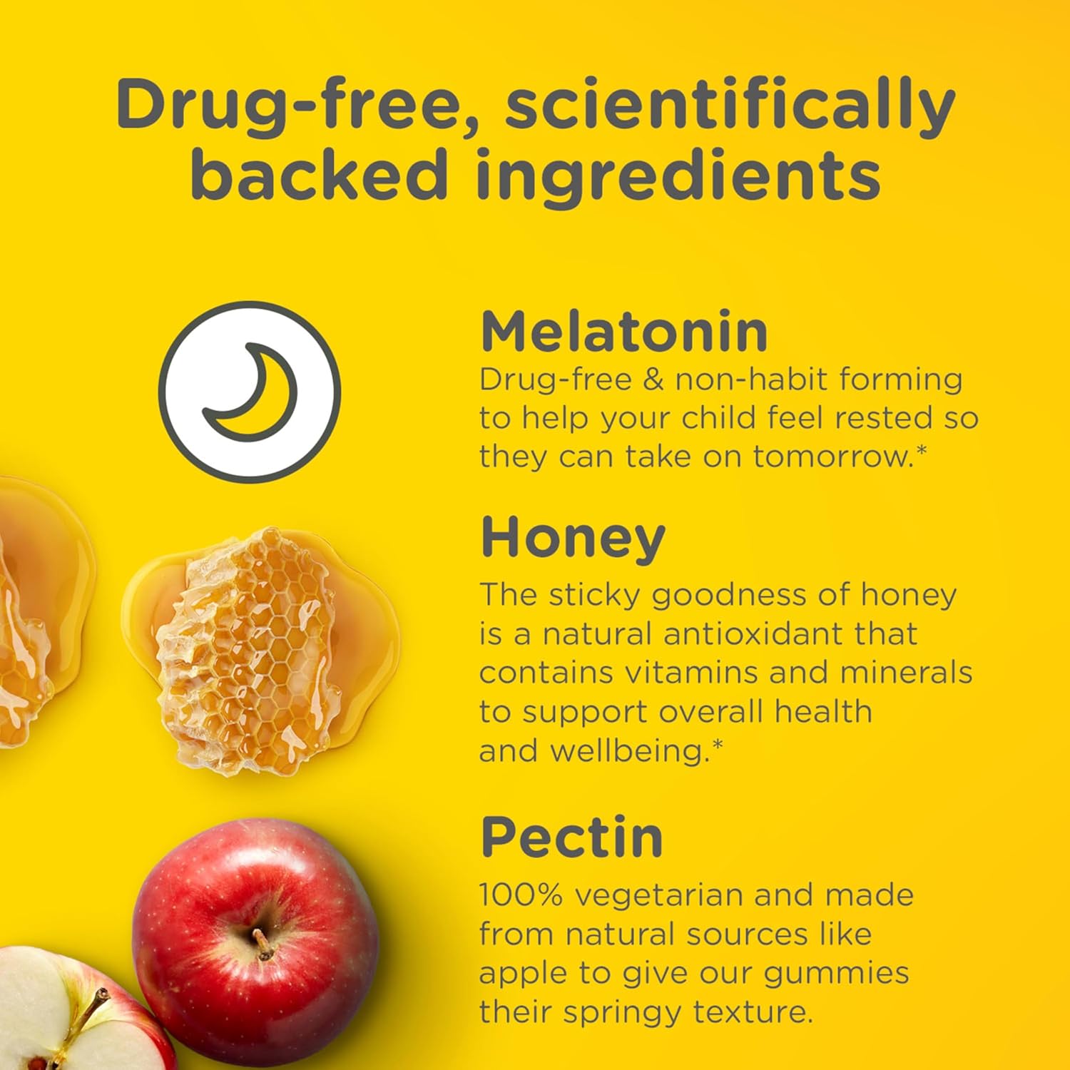 Highlights that the product uses safe, natural ingredients like melatonin, honey, and pectin to help children sleep better.