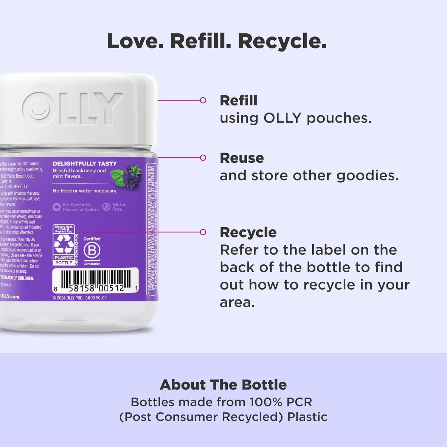 Highlights the product's sustainability features of being refillable, reusable, and recyclable to appeal to eco-conscious shoppers.