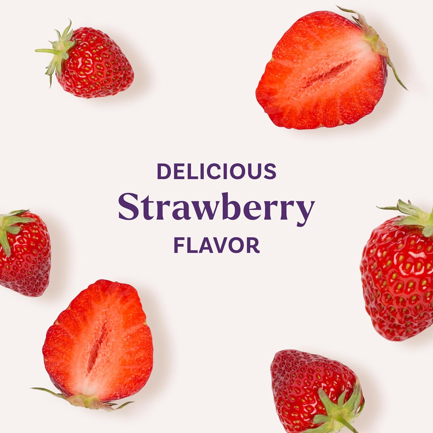 Highlights the product's strawberry flavor to entice shoppers with the promise of a delicious taste.