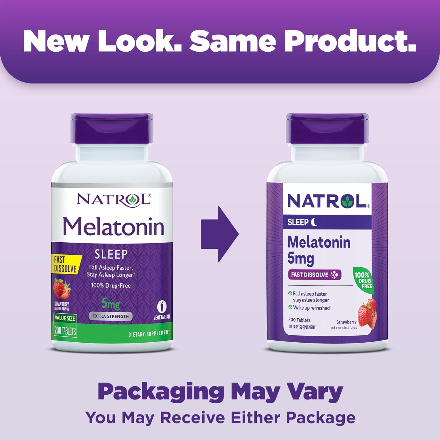 Communicates that the product packaging has been updated with a new look while the product itself remains the same.