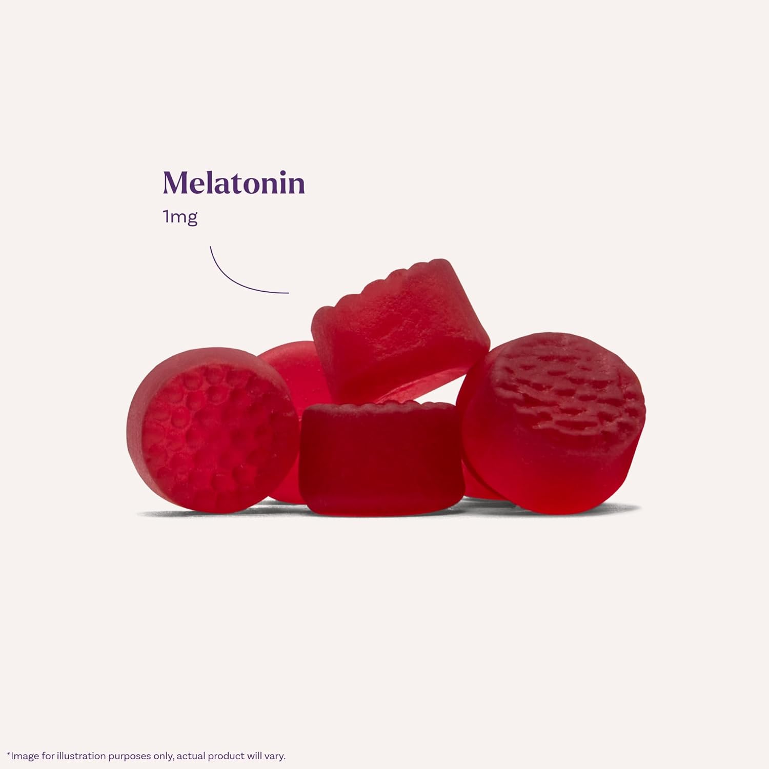 Highlights that the product contains 1mg of melatonin, a key ingredient for promoting sleep.
