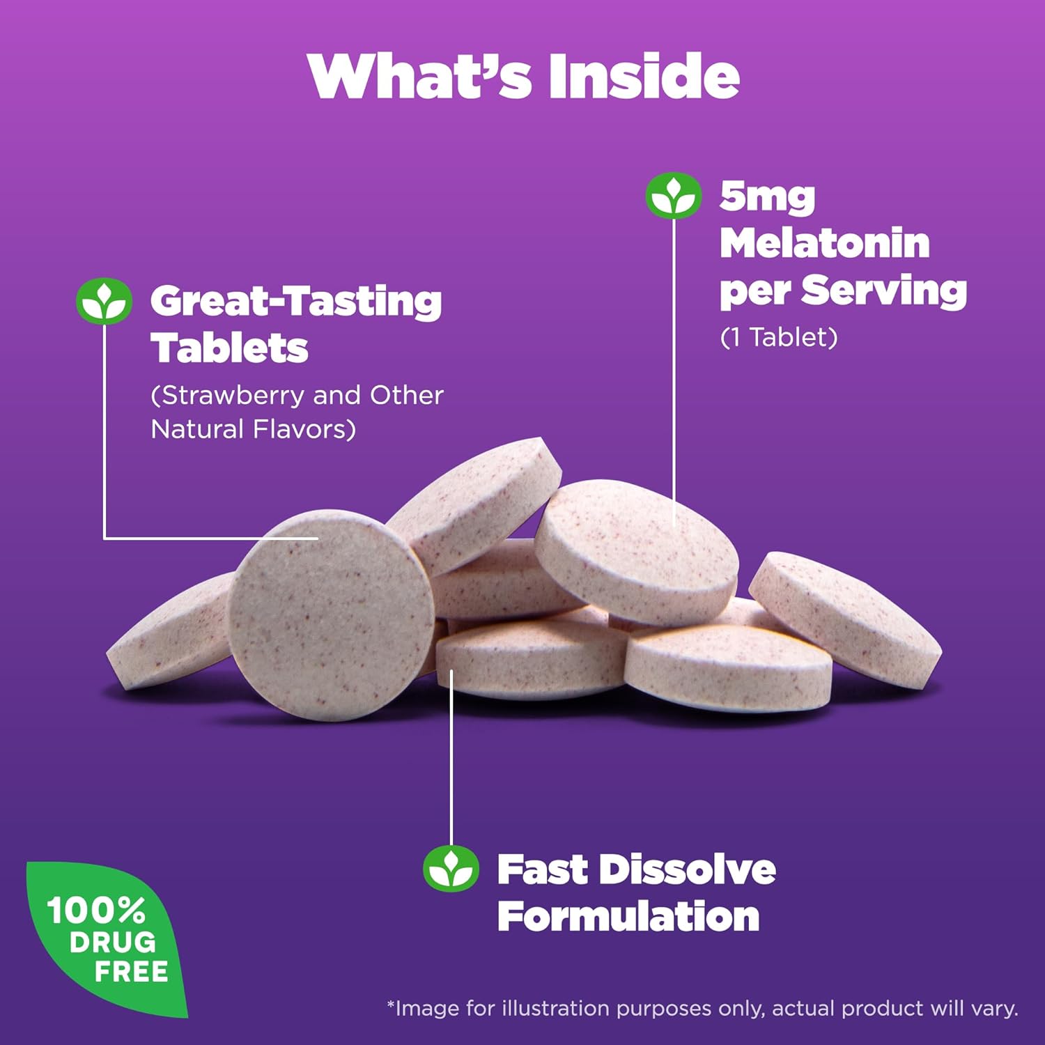 Highlights the key features and benefits of the melatonin supplement, including its great taste, melatonin content, fast dissolving formulation, and drug-free composition.