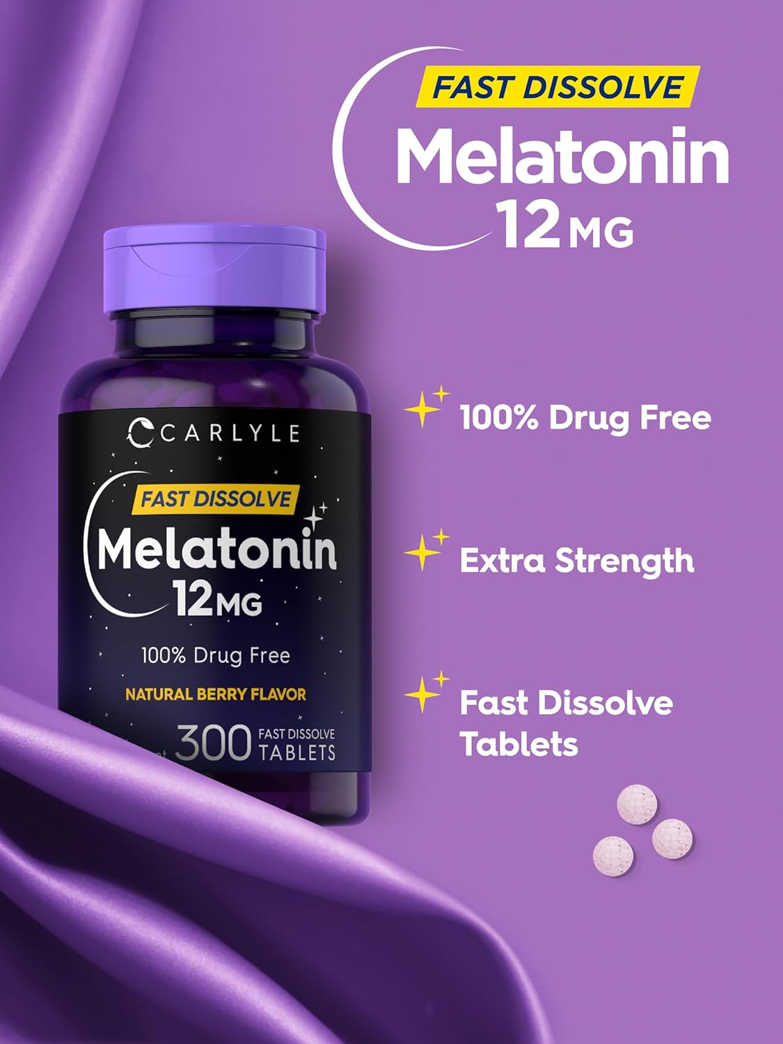 Highlights the key features of the melatonin supplement being fast dissolving, extra strength, and drug-free to help customers get a better night's sleep.
