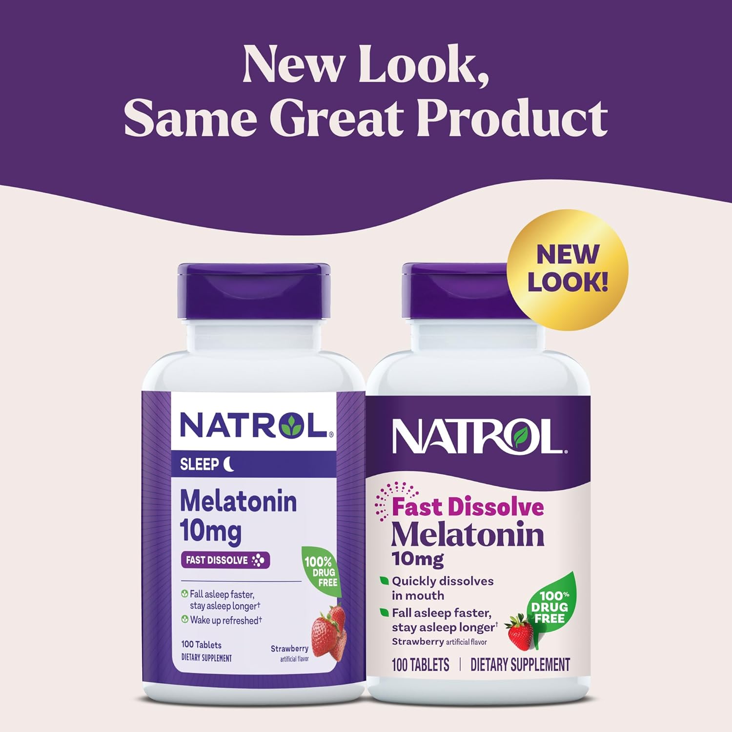 Highlights the new packaging design for the Natrol melatonin product while reassuring customers that the product itself remains unchanged.