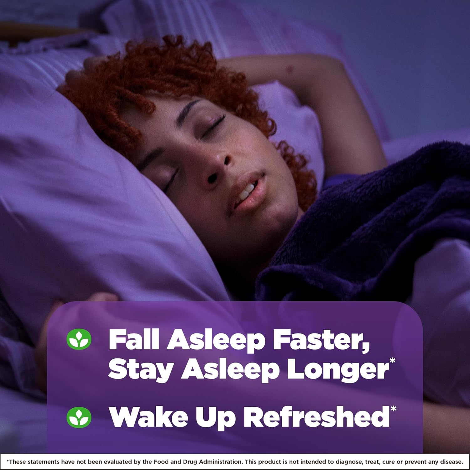 Highlights the product's ability to help users fall asleep faster, stay asleep longer, and wake up feeling refreshed.