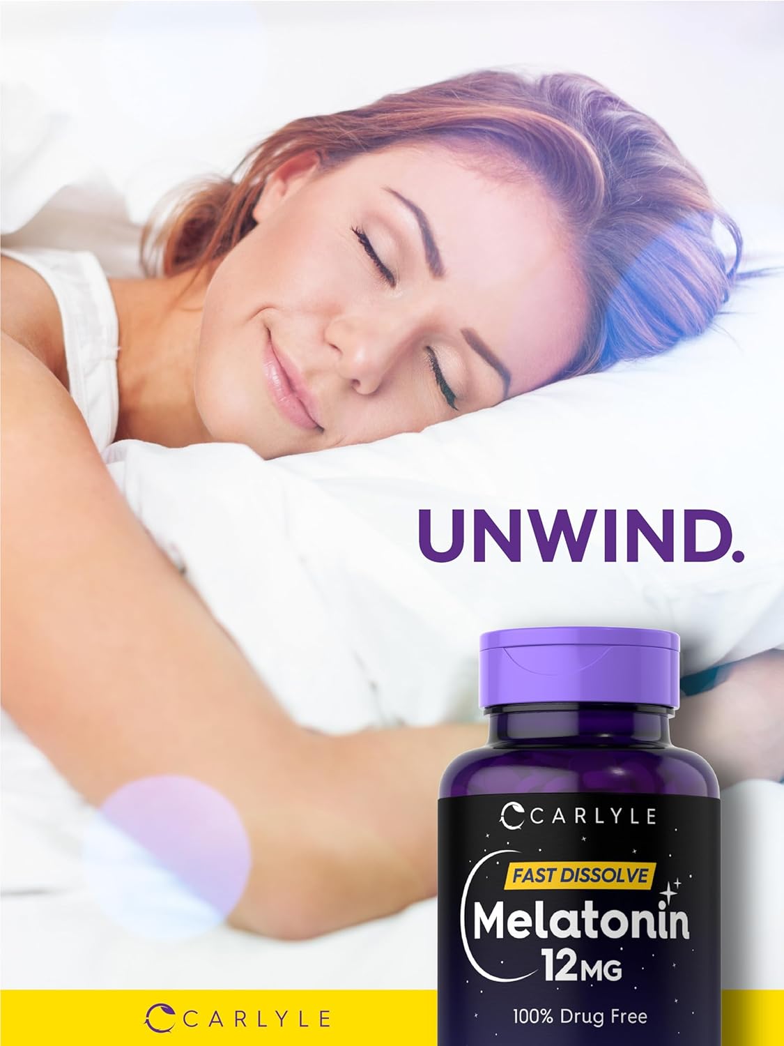 Highlights the product's ability to help users unwind and get better sleep using melatonin.