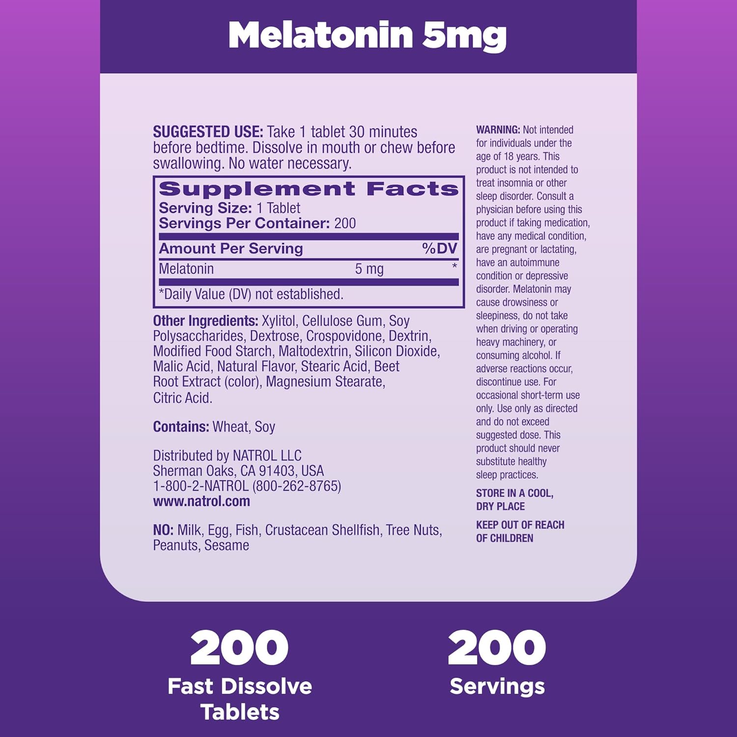 Highlights the key features of the melatonin supplement - fast dissolving tablets and 200 servings per container.