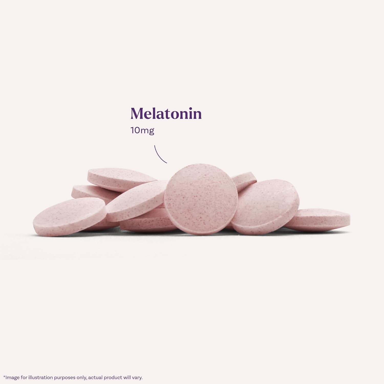 Highlights the key feature of the product being melatonin supplements with a dosage of 10mg.