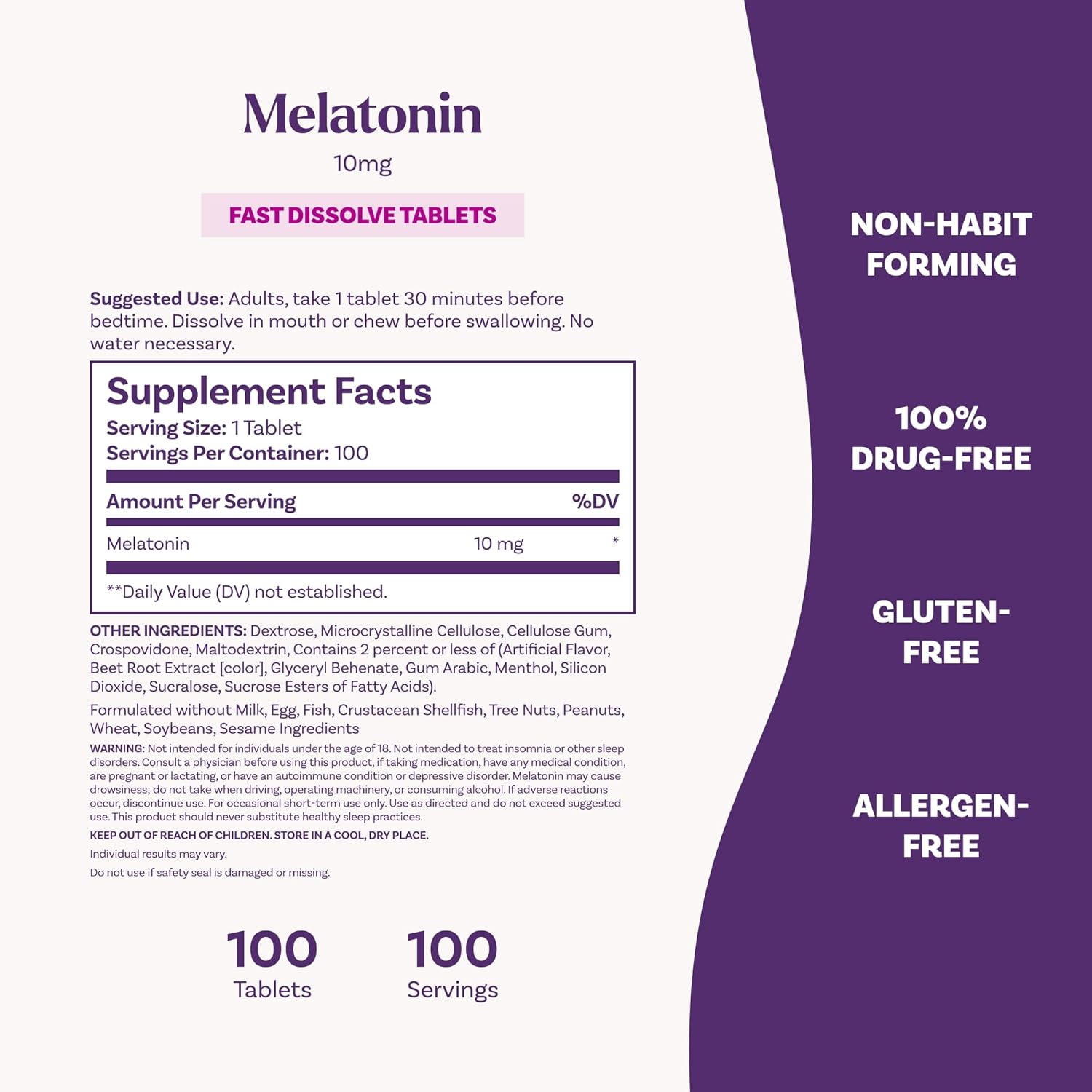Highlights the key benefits of the melatonin supplement being non-habit forming, drug-free, gluten-free, and allergen-free to reassure customers about its safety and suitability.