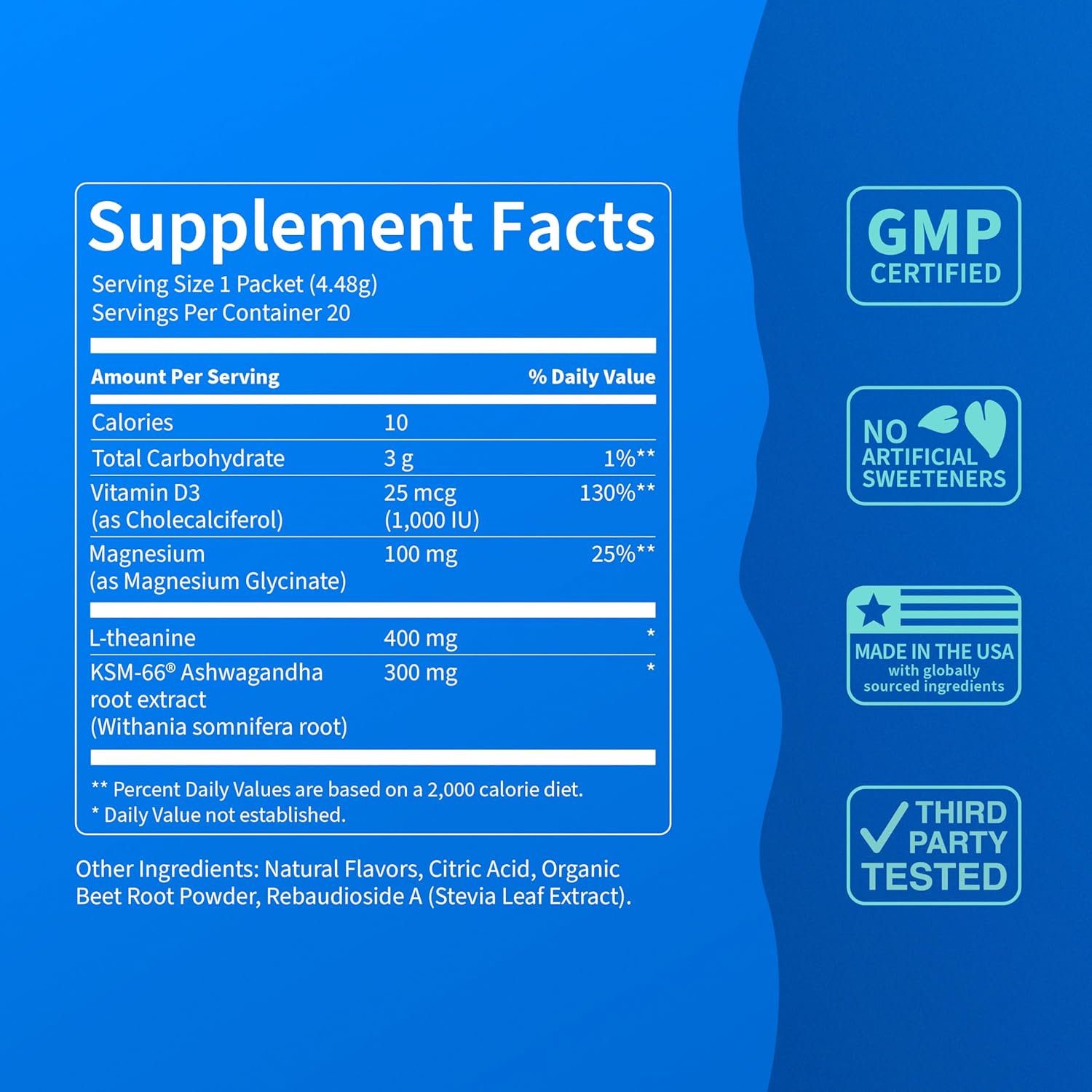 Clearly displays the nutritional facts and ingredients of the supplement product.