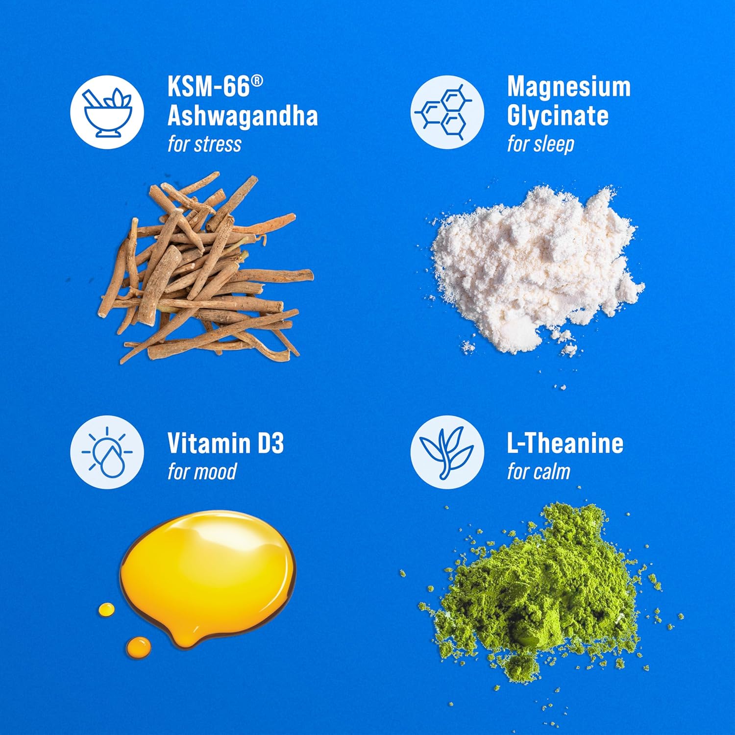 Highlights the key ingredients and their respective benefits for managing stress, improving sleep, boosting mood, and promoting calmness.