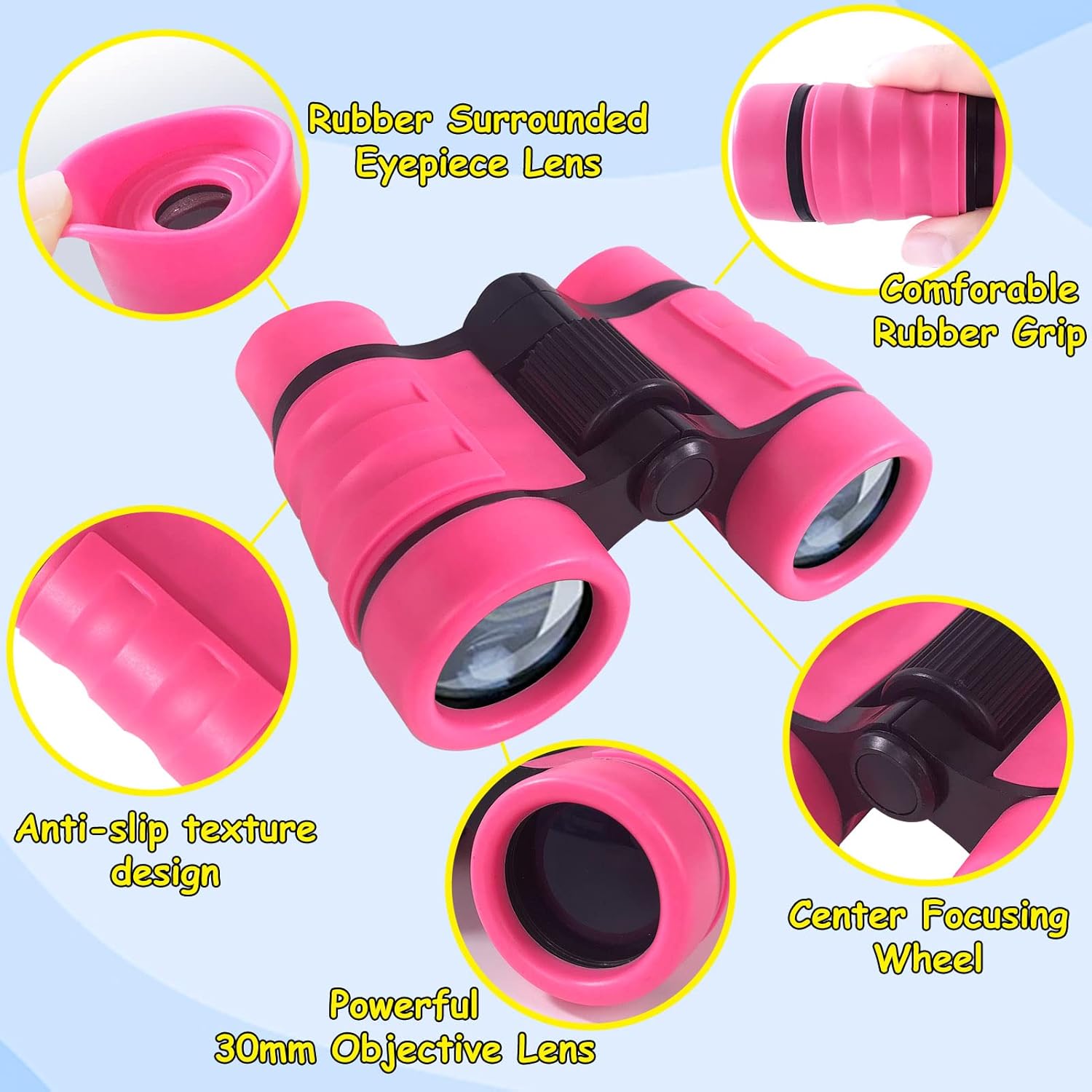 Highlights the key features and components of the binoculars, providing clarity on the product's design and functionality.