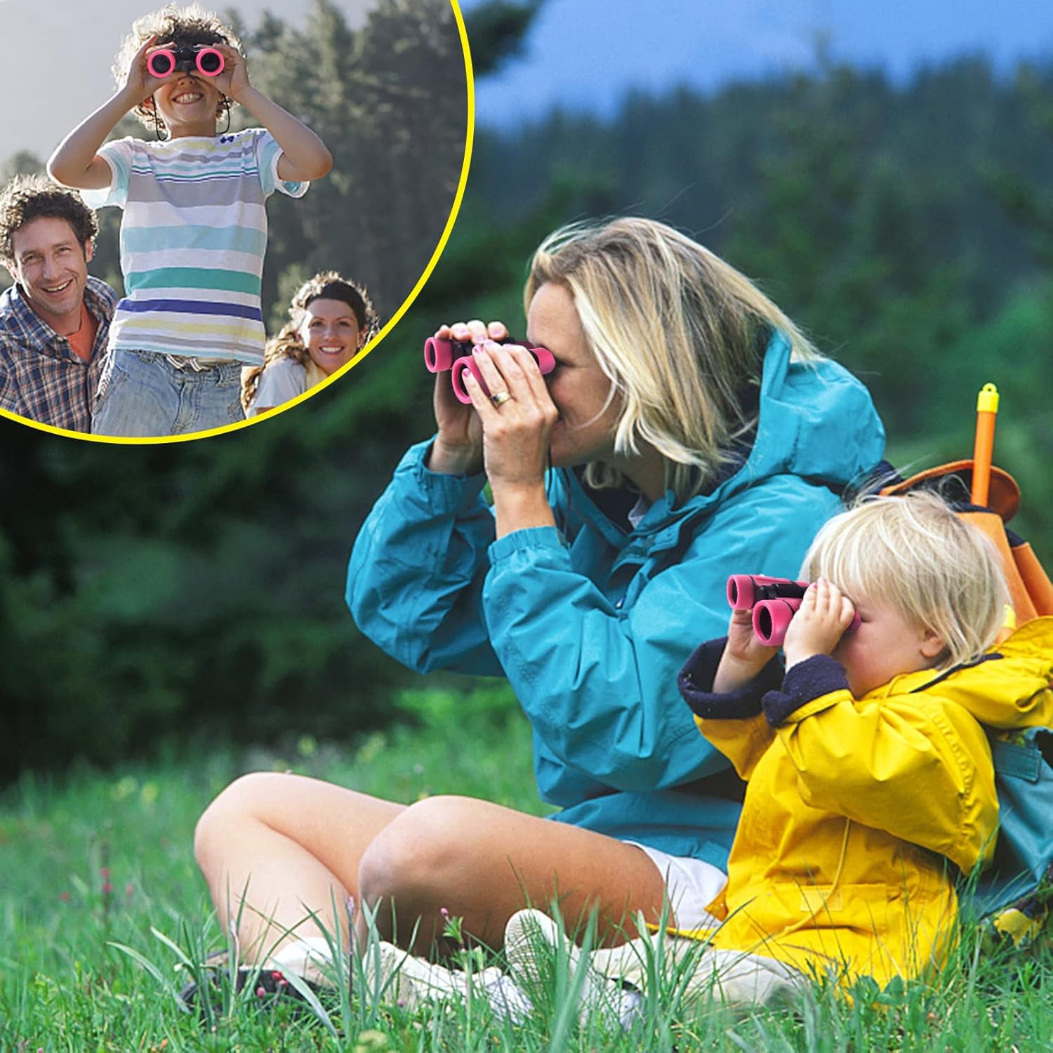 Shows the product being used by a family in a natural outdoor setting, highlighting its suitability for engaging children in nature exploration.