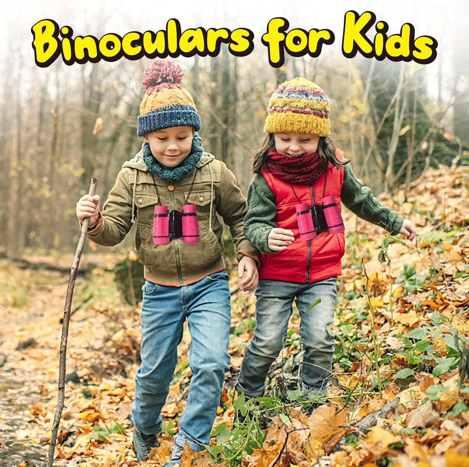 Shows kids using binoculars in a natural outdoor setting, conveying a sense of adventure and exploration suitable for children.